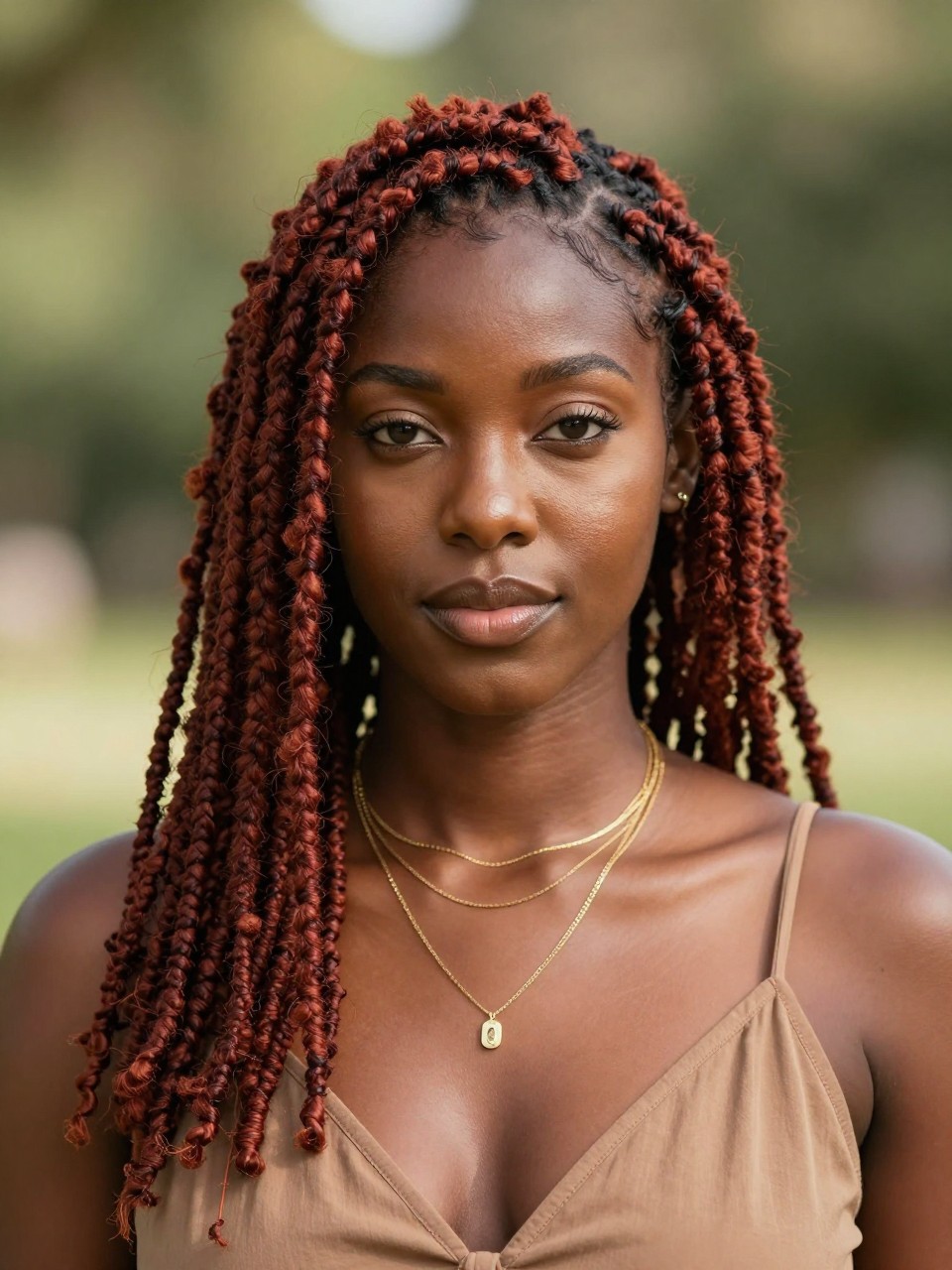 Image Prompt: A stunning Black woman with shoulder-length reddish brown locs, neatly maintained loc texture, side part with a few locs framing the face, warm red-brown tone with soft shine, deep brown skin, glowing natural makeup, layered gold necklaces, earth-tone dress, outdoor natural setting with soft greenery blurred in the background, warm sunlight, realistic lifestyle editorial portrait, no text, (no watermarks on images)