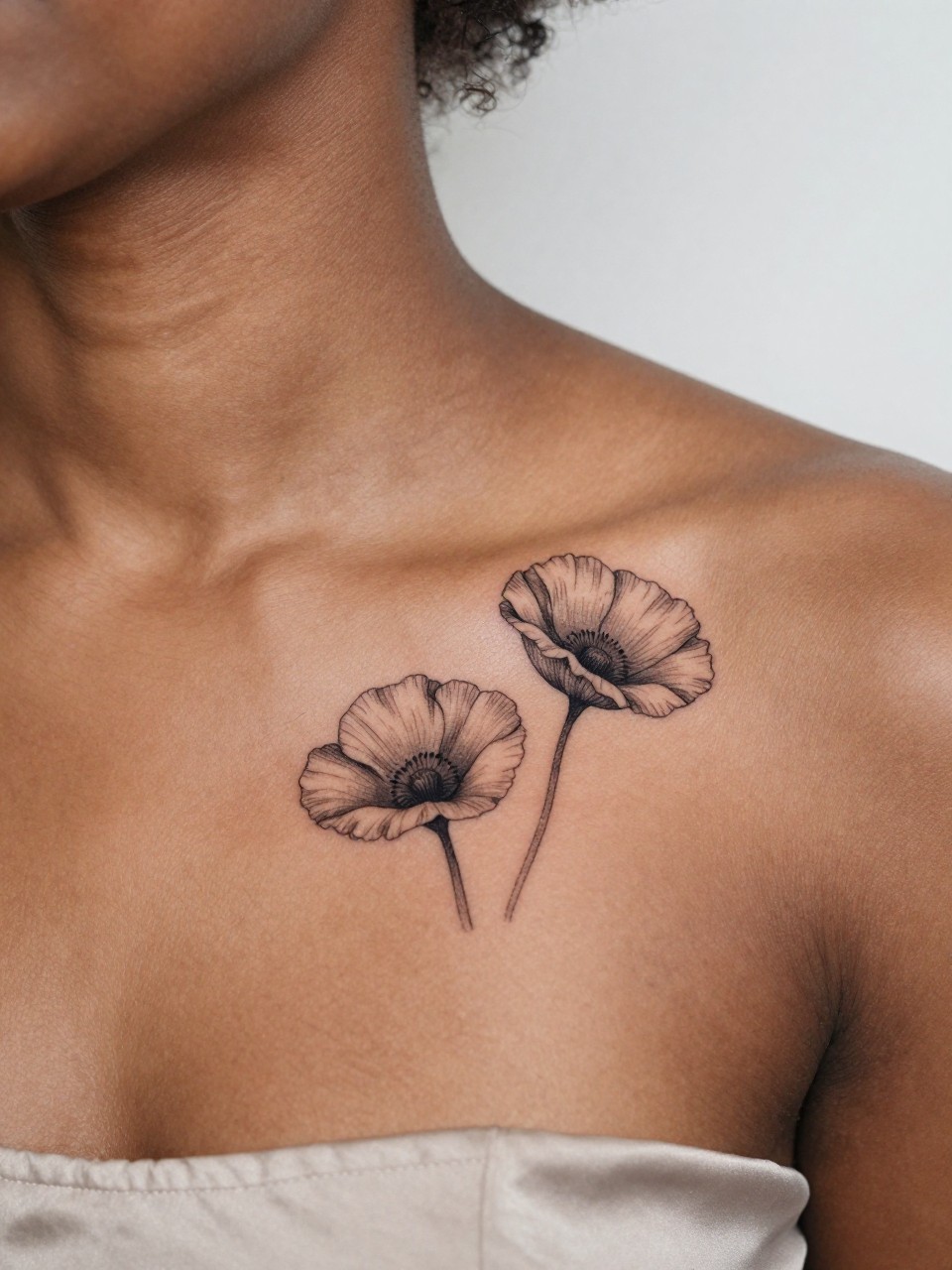 Image Prompt: "Close-up of two tiny poppy tattoos along the collarbone of a black woman, black ink fine line floral design with soft open petals and light shading, realistic skin texture, silk blouse neckline barely visible, feminine clean composition, close-up tattoo visibility, soft minimal background, tattoo is the clear main subject (no watermarks on images)"