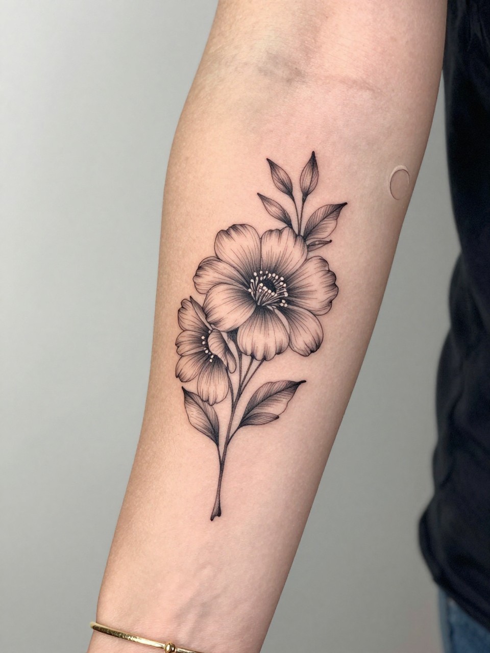 Image Prompt: "Design-focused close-up of an aster tattoo with a tiny crescent moon on the inner arm, black ink fine line floral design, narrow layered petals, soft shading, delicate celestial accent, realistic skin texture, gold bracelet lightly visible, feminine modern tattoo inspiration photo, clean soft background, tattoo is the hero (no watermarks on images)"
