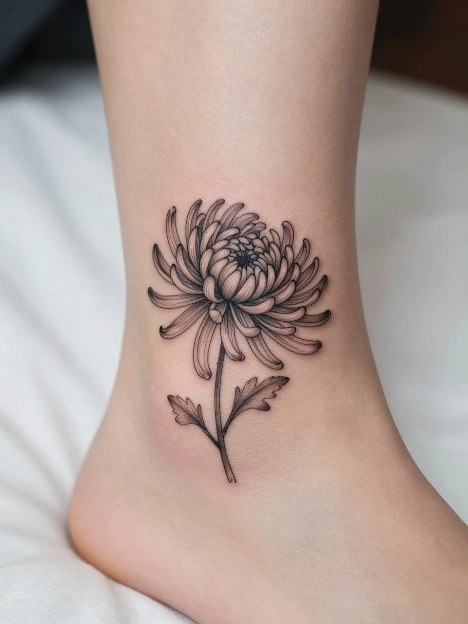 Image Prompt: "Macro shot of a minimalist chrysanthemum tattoo on the ankle, black ink fine line floral design with tiny thin petals and very subtle shading, realistic skin texture, neutral pedicure, soft bedding in the background, design-first composition, modern feminine tattoo inspiration photo, tattoo clearly in focus (no watermarks on images)"