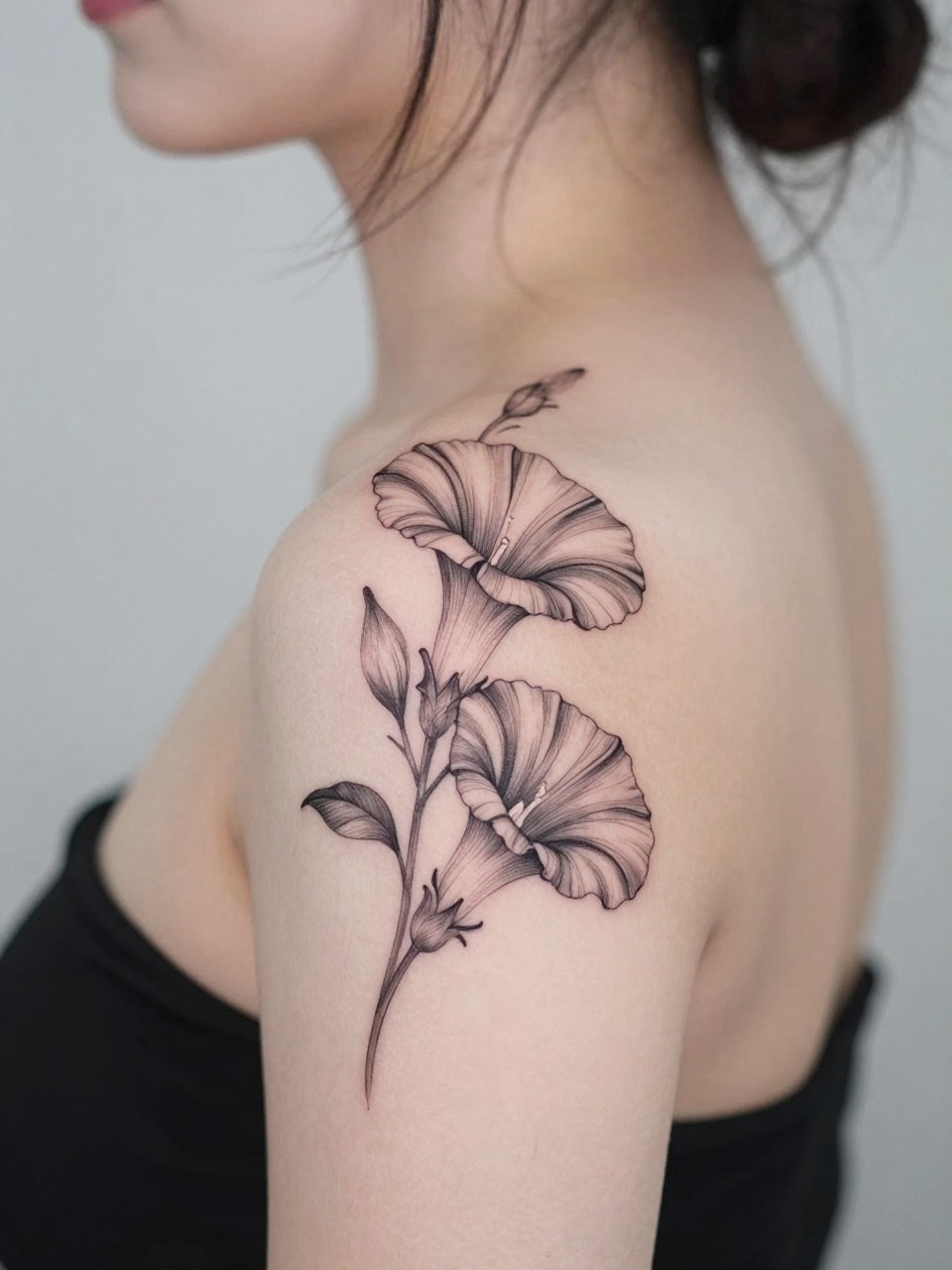 Image Prompt: "Design-focused close-up of a blooming morning glory tattoo on the shoulder blade, black ink fine line floral style with soft grey shading, elegant vine stem and open trumpet-shaped bloom, realistic skin texture, hair loosely pinned up, clean feminine styling, soft minimal background, tattoo fills most of the frame (no watermarks on images)"