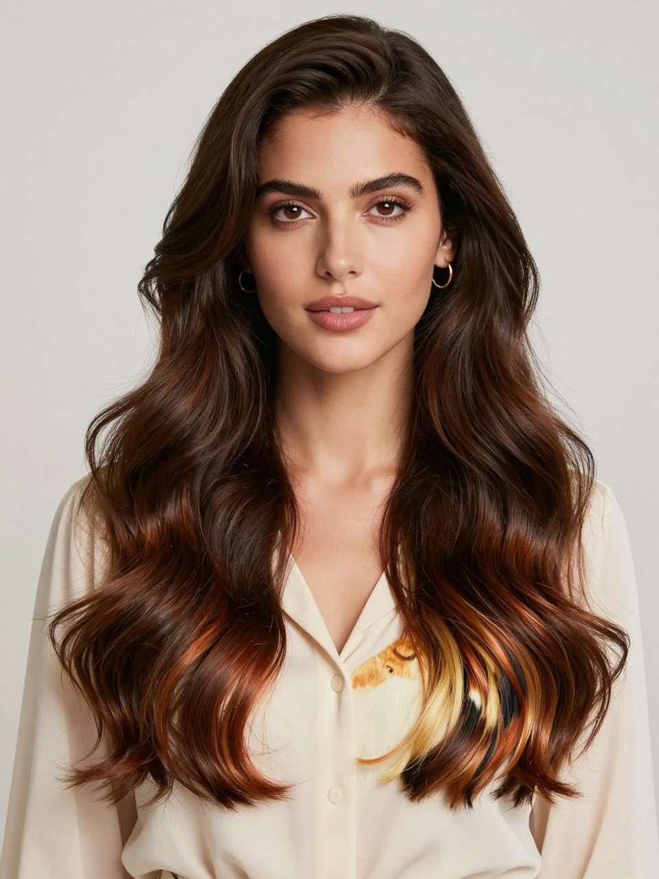 Image Prompt: A gorgeous woman with long dark brown hair and a calico cat underlayer, top layer glossy dark brown, lower layer hidden with bold patches of copper, ginger, honey blonde, cream, and black, soft waves with the hair partly clipped up to reveal the underlayer, warm brown skin, natural glam makeup, gold earrings, cream blouse, clean modern studio background, soft lighting, realistic beauty editorial portrait, clear hidden color contrast, no text, (no watermarks on images)