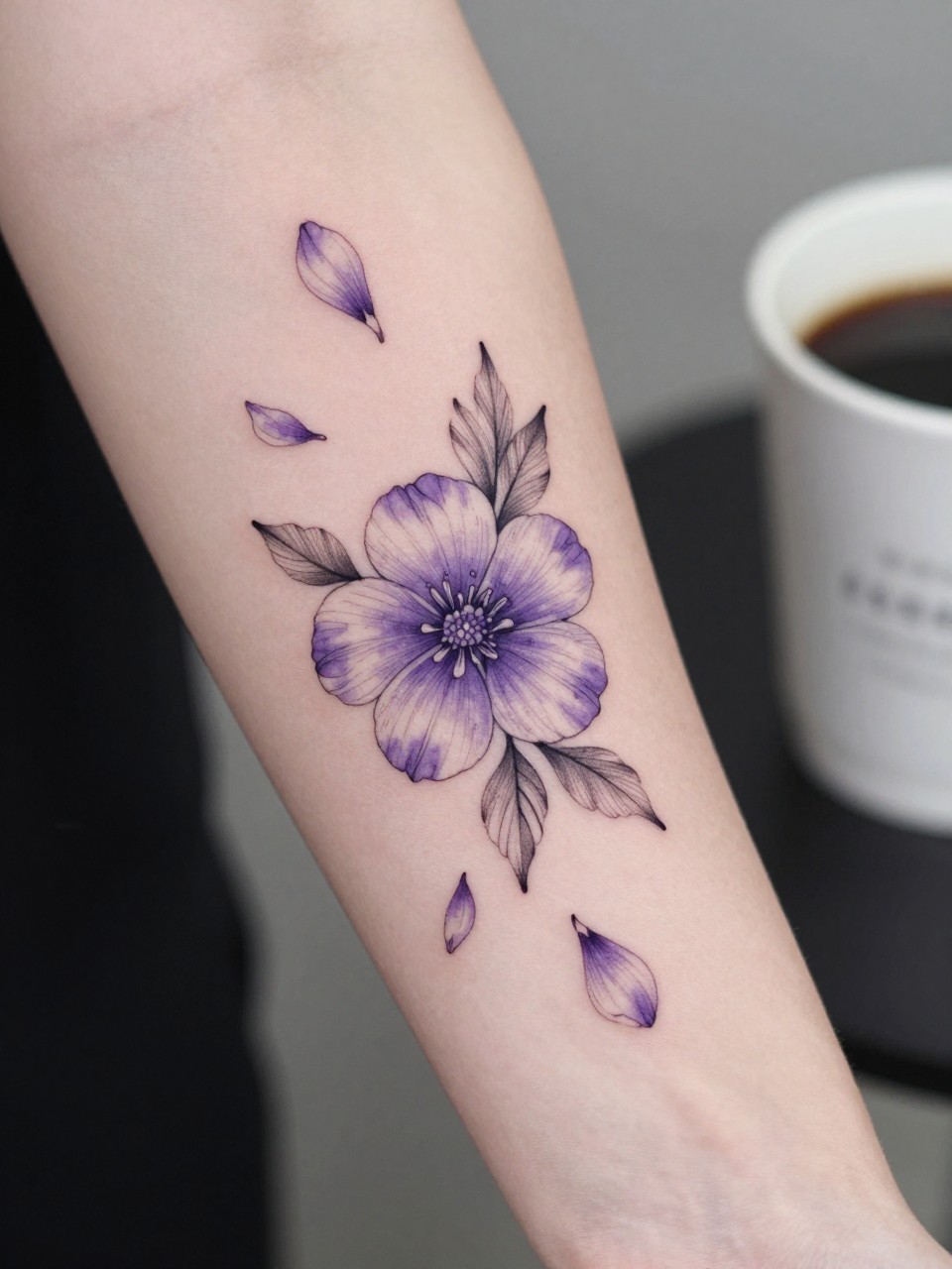 Image Prompt: "Extreme close-up of a violet tattoo with a few falling petals on the forearm, black ink fine line floral design, delicate petal movement, soft shading, realistic skin texture, coffee cup softly blurred nearby, modern feminine tattoo inspiration image, minimal background, tattoo-centered composition (no watermarks on images)"