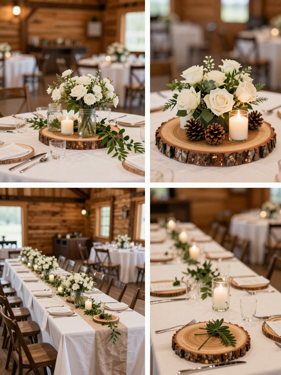 A professional 4-grid wedding decor collage showing cabin wedding wood slice centerpieces, top-left image featuring reception tables with wood slices, mason jars, white flowers, greenery, and candles, top-right image showing close-up wood slice centerpiece with roses, pinecones, and candlelight, bottom-left image showing long tables with repeated wood details and soft linens, bottom-right image showing place settings with wood chargers and small greenery accents, rustic cabin reception styling, no people, no faces, no watermarks on images.