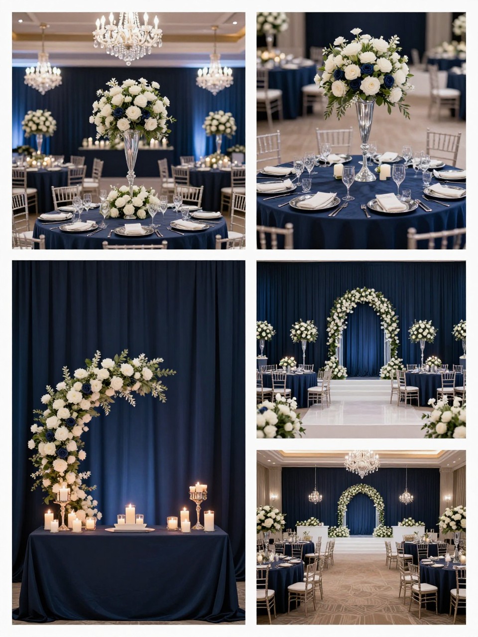 A professional 4-grid wedding decor collage showing midnight blue ballroom wedding decor, top-left image featuring a formal ballroom reception with midnight blue linens, white flowers, crystal chandeliers, and candlelight, top-right image showing close-up dark blue table linen with silver accents and white blooms, bottom-left image showing a dramatic sweetheart table with midnight blue backdrop and candles, bottom-right image showing the wider ballroom with coordinated blue details across the tables and stage, elegant evening wedding decor, no faces, no watermarks on images.