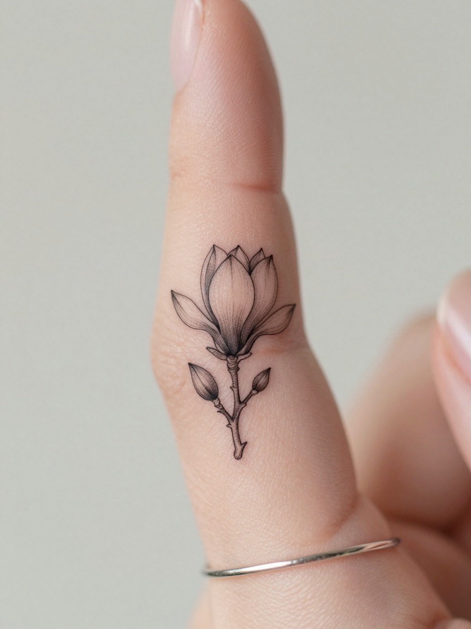 Image Prompt: "Macro shot of a micro magnolia tattoo on the side of the finger, black ink fine line floral design, tiny stem and delicate broad petals, minimalist micro tattoo style, realistic skin texture, delicate rings, neutral manicure, very tight crop, soft blurred background, feminine tattoo inspiration photo with tattoo as the main focus (no watermarks on images)"