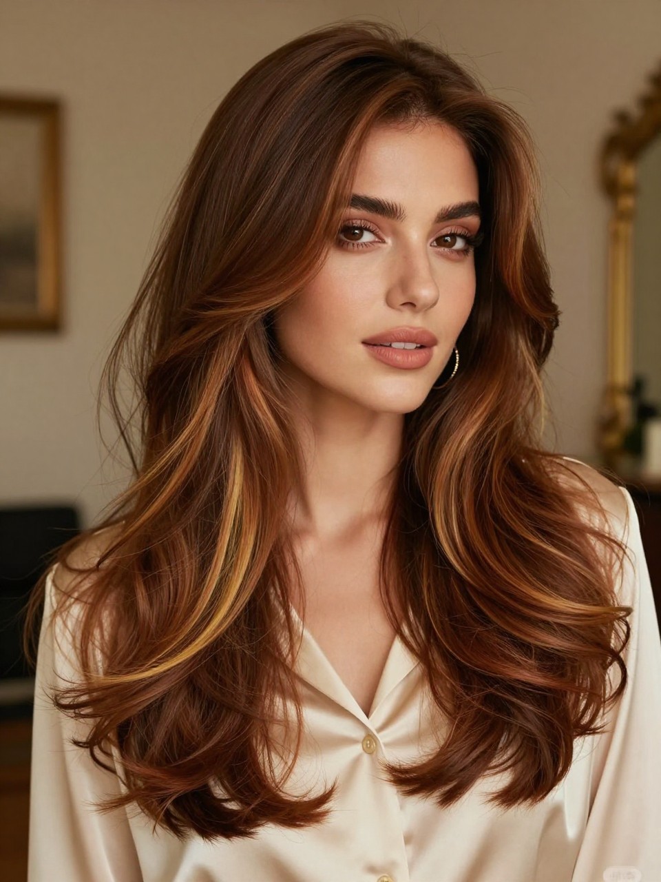 Image Prompt: A beautiful woman with long soft brown calico layered hair, warm chocolate brown base with copper, caramel, and honey blonde panels placed through feathered layers, soft blowout curls, medium-brown skin, peach-toned makeup, gold earrings, ivory satin blouse, elegant indoor background, soft warm lighting, realistic DSLR beauty editorial portrait, detailed hair movement and warm color blend, no text, (no watermarks on images)