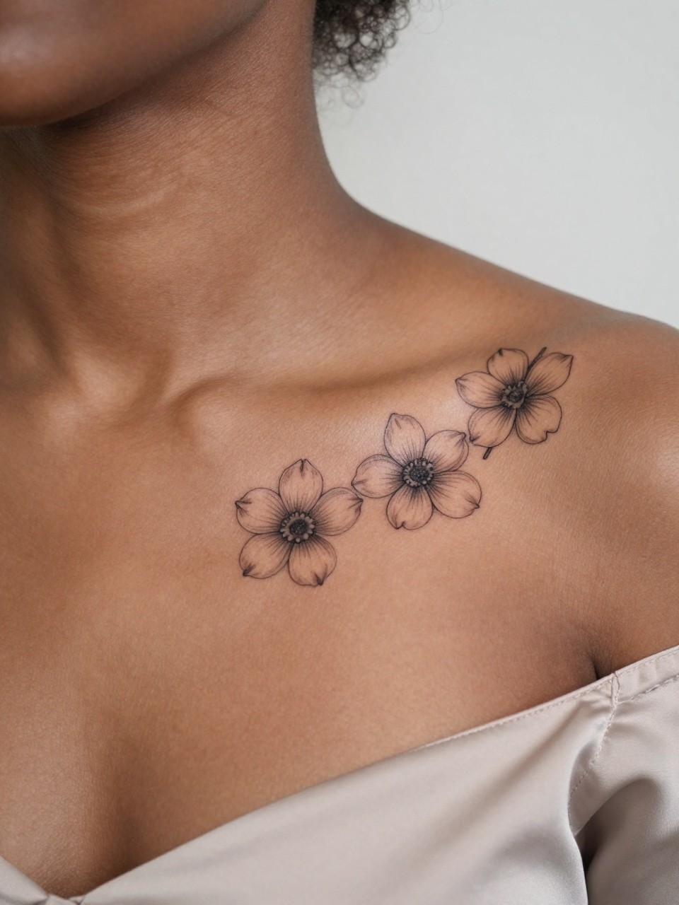 Image Prompt: "Close-up of two tiny dogwood tattoos along the collarbone of a black woman, black ink fine line floral design with soft rounded petals and light shading, realistic skin texture, satin blouse neckline barely visible, feminine clean composition, close-up tattoo visibility, soft minimal background, tattoo is the clear main subject (no watermarks on images)"