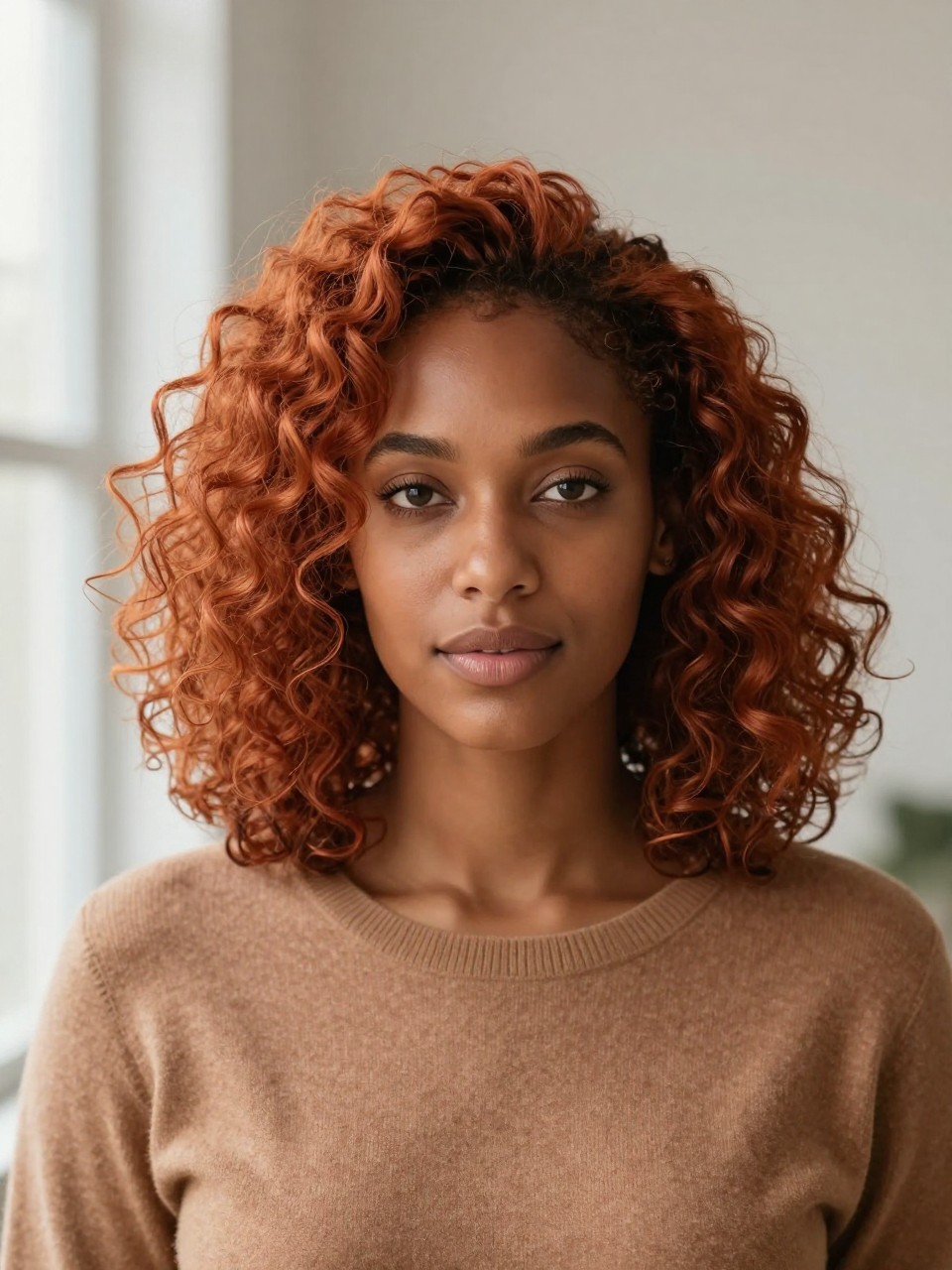 Image Prompt: A beautiful Black woman with medium-length loose curls dyed cinnamon ginger, a soft reddish-brown ginger tone with glossy shine, shoulder-length style with gentle volume, medium brown skin, natural soft makeup, tan sweater, simple neutral interior background, soft window light, clean beauty editorial portrait, realistic DSLR photo, no text, (no watermarks on images)