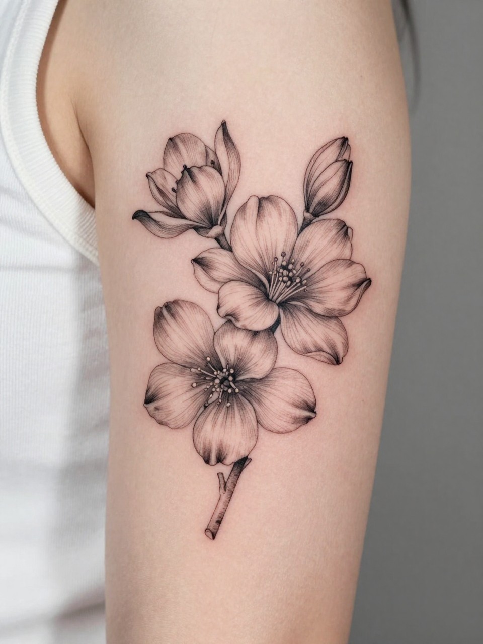 Image Prompt: "Design-focused close-up of a dogwood tattoo on the inner bicep, black ink fine line floral style, soft rounded petals with subtle shading, realistic skin texture, satin ribbon nearby as a subtle feminine detail, tight crop, minimal soft background, modern lifestyle-inspired tattoo image, tattoo is the clear main subject (no watermarks on images)"