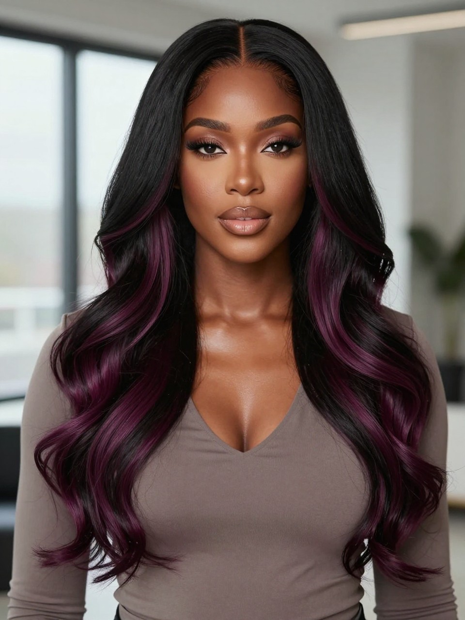 Image Prompt: A gorgeous Black woman with long black hair and plum balayage, dark glossy roots with hand-painted plum pieces through the mid-lengths and ends, soft waves, medium-deep brown skin, glowing makeup, glossy nude lips, fitted taupe blouse, modern indoor background, soft window light, realistic DSLR beauty editorial portrait, smooth blend between black base and plum tones, no text, (no watermarks on images)