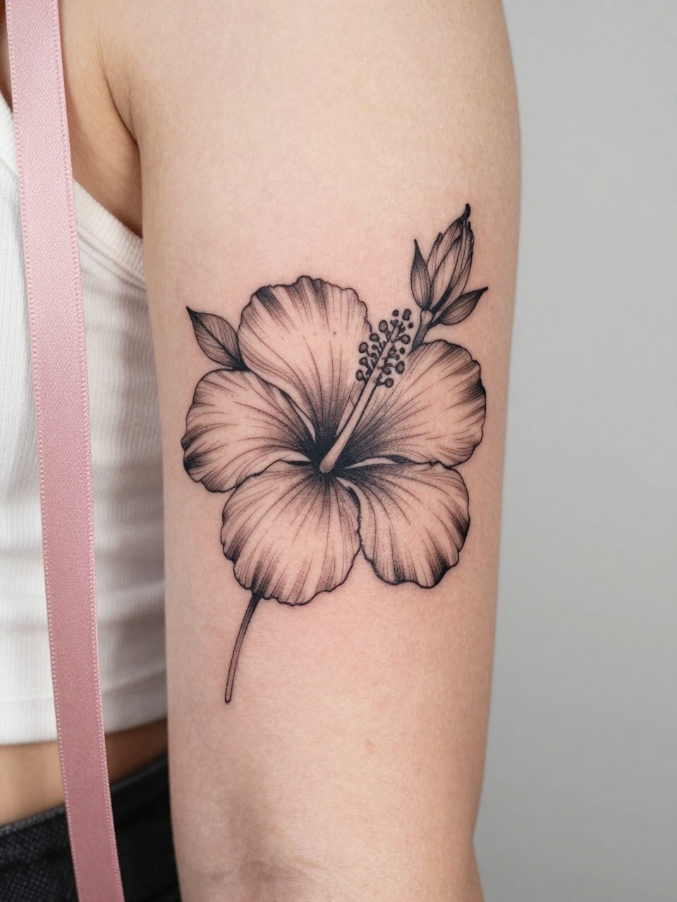 Image Prompt: "Close-up of a hibiscus flower tattoo on the inner bicep, black ink fine line floral style, soft open petals with subtle shading, realistic skin texture, satin ribbon nearby as a subtle feminine detail, tight crop, minimal soft background, modern lifestyle-inspired tattoo image, tattoo is the clear main subject (no watermarks on images)"