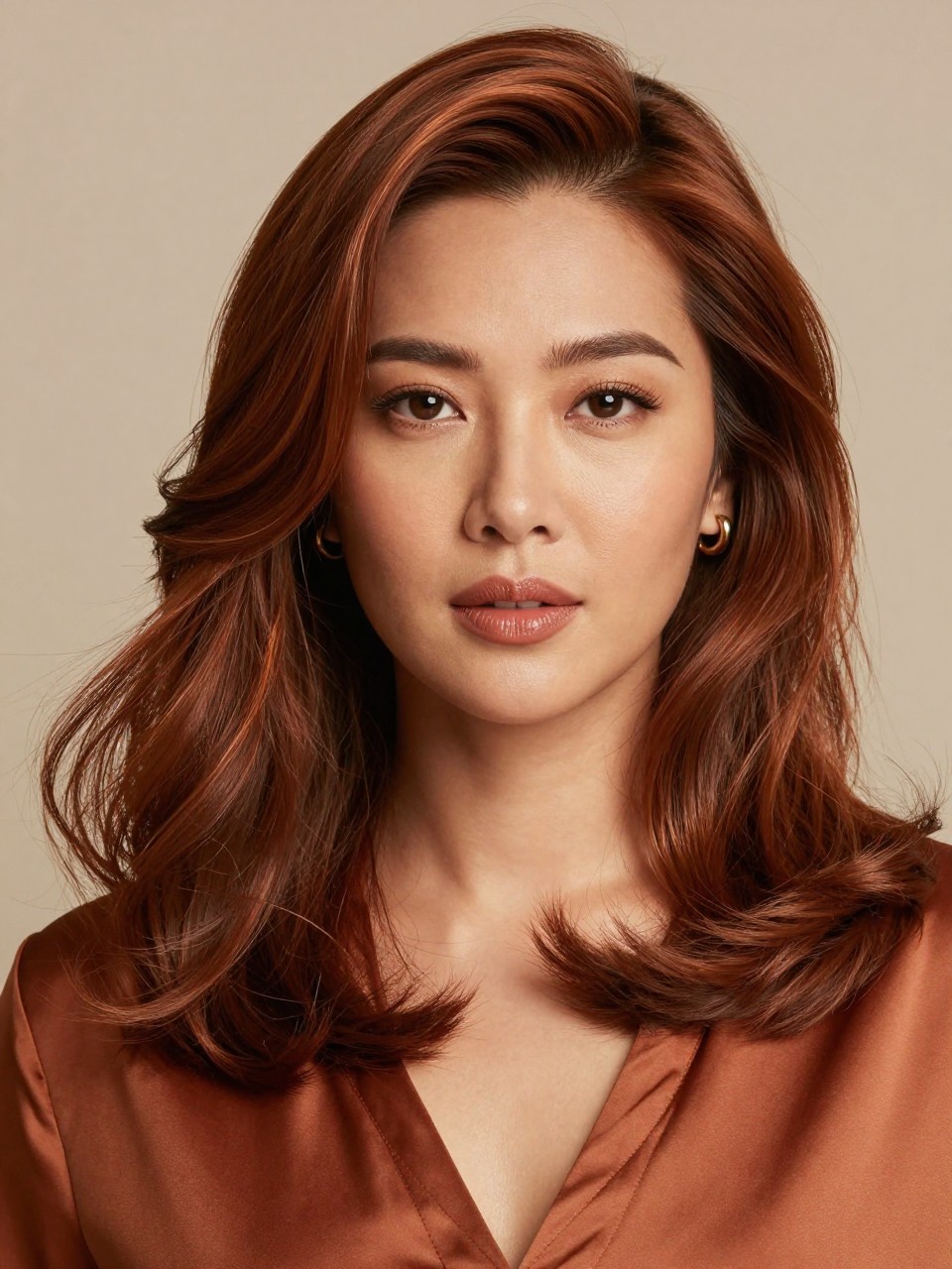 Image Prompt: A stunning brown Asian woman with tan skin and shoulder-length warm copper brown hair, soft brown shade with copper-gold shine, smooth blowout waves, bronzed natural makeup, glossy nude lips, small gold earrings, rust satin blouse, clean studio background, warm diffused lighting, realistic beauty editorial portrait, detailed copper brown shine and smooth hair texture, no text, (no watermarks on images)