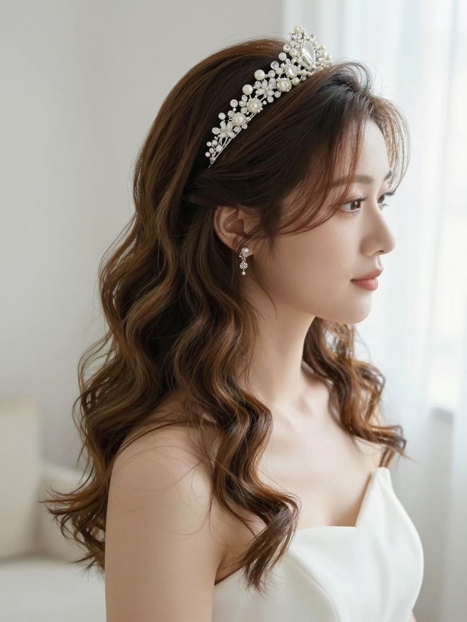 A realistic bridal hairstyle image showing soft loose waves on medium-length hair, a side tiara comb placed above one ear, subtle crystal and pearl details, warm caramel highlights, delicate bridal earrings, square-neck wedding dress, bright airy room, natural light, soft romantic editorial photo, no text, no watermark, no watermarks on images.