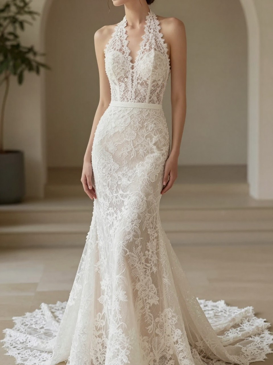 Image Prompt: A professional bridal editorial photo of a lace halter neck wedding dress in a softly lit garden chapel or elegant bridal suite. Show the bride from the neck down only, or from a side-back angle so the face is hidden. The gown has a lace halter bodice, fitted waist, delicate floral lace detail, and a flowing skirt with a light train. Use natural light, realistic lace texture, romantic bridal styling, luxury wedding magazine quality, no visible face, no text, no watermark. (no watermarks on images)