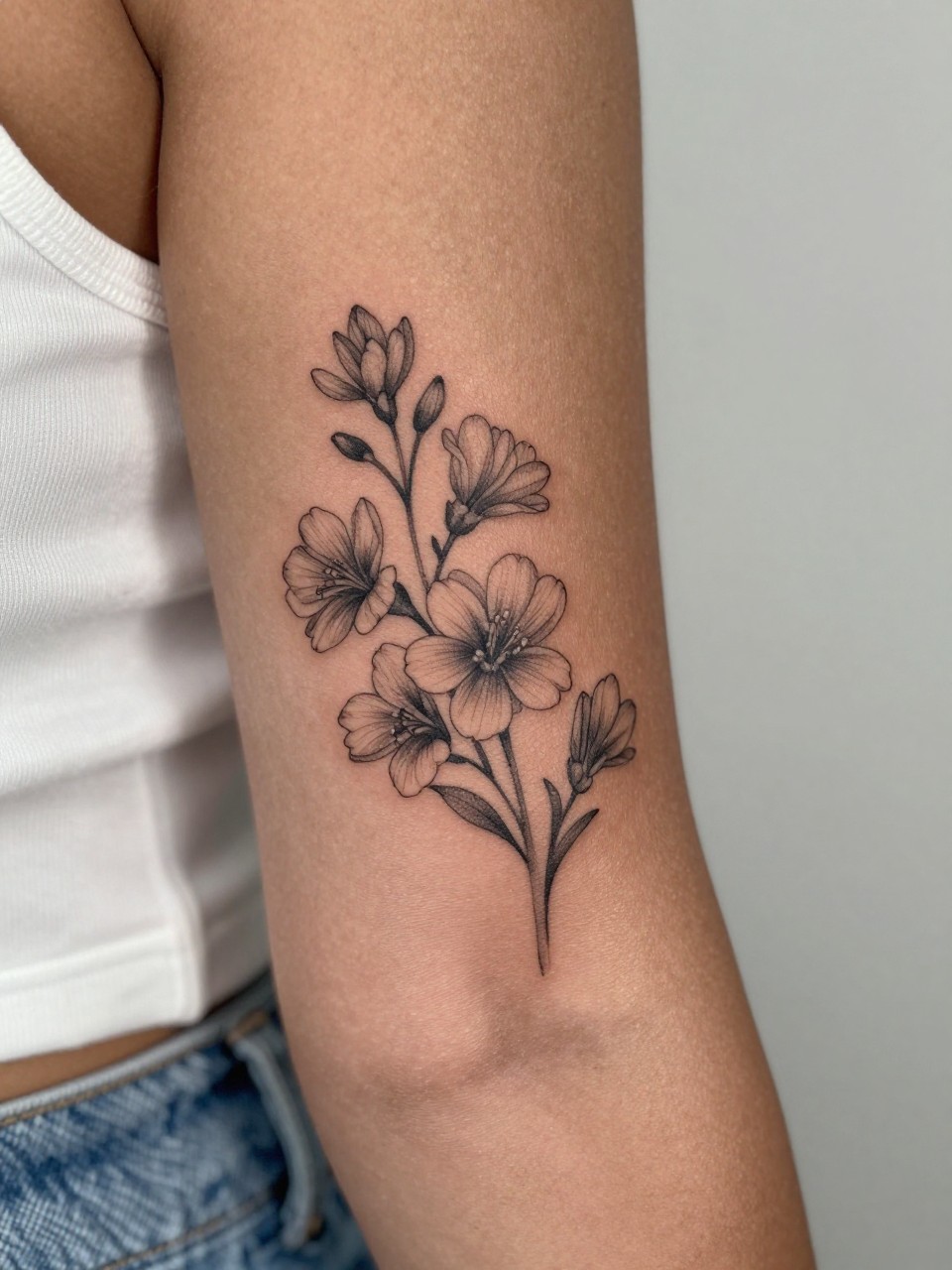 Image Prompt: "Design-focused close-up of a sampaguita tattoo on dark skin on the inner bicep, black ink fine line floral style, soft small blooms with subtle shading, realistic skin texture, satin ribbon nearby as a subtle feminine detail, tight crop, minimal soft background, modern lifestyle-inspired tattoo image, tattoo is the clear main subject (no watermarks on images)"