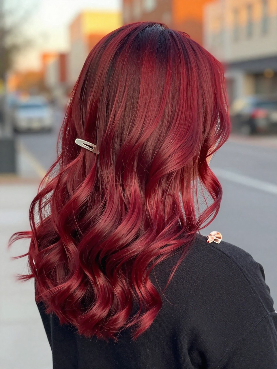 Photo of a woman wearing cherry red root melt hair with deeper roots and bright red lengths in loose brushed waves, back-of-head view to highlight the blended root melt, softly blurred city street background, golden hour glow, with a hair clip clipped to her collar and a silk scrunchie on her wrist, latest iPhone photo quality.