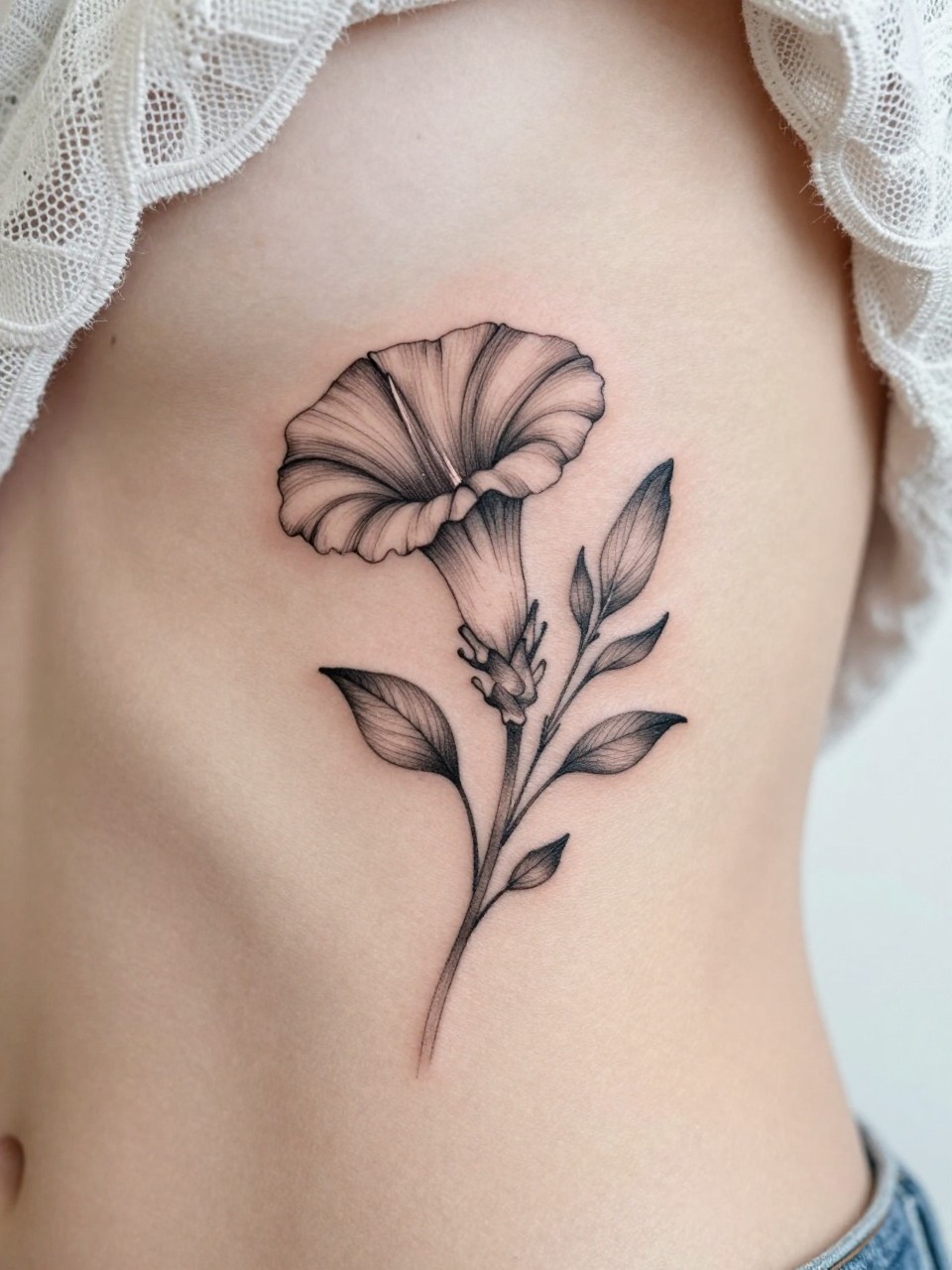 Image Prompt: "Design-focused close-up of a single morning glory stem tattoo on the ribcage, black ink fine line floral design with soft trumpet bloom, delicate vine detail, light grey shading, realistic skin texture, lace fabric edge softly visible, feminine modern tattoo photo, minimal background, close-up tattoo visibility, tattoo dominates the frame (no watermarks on images)"