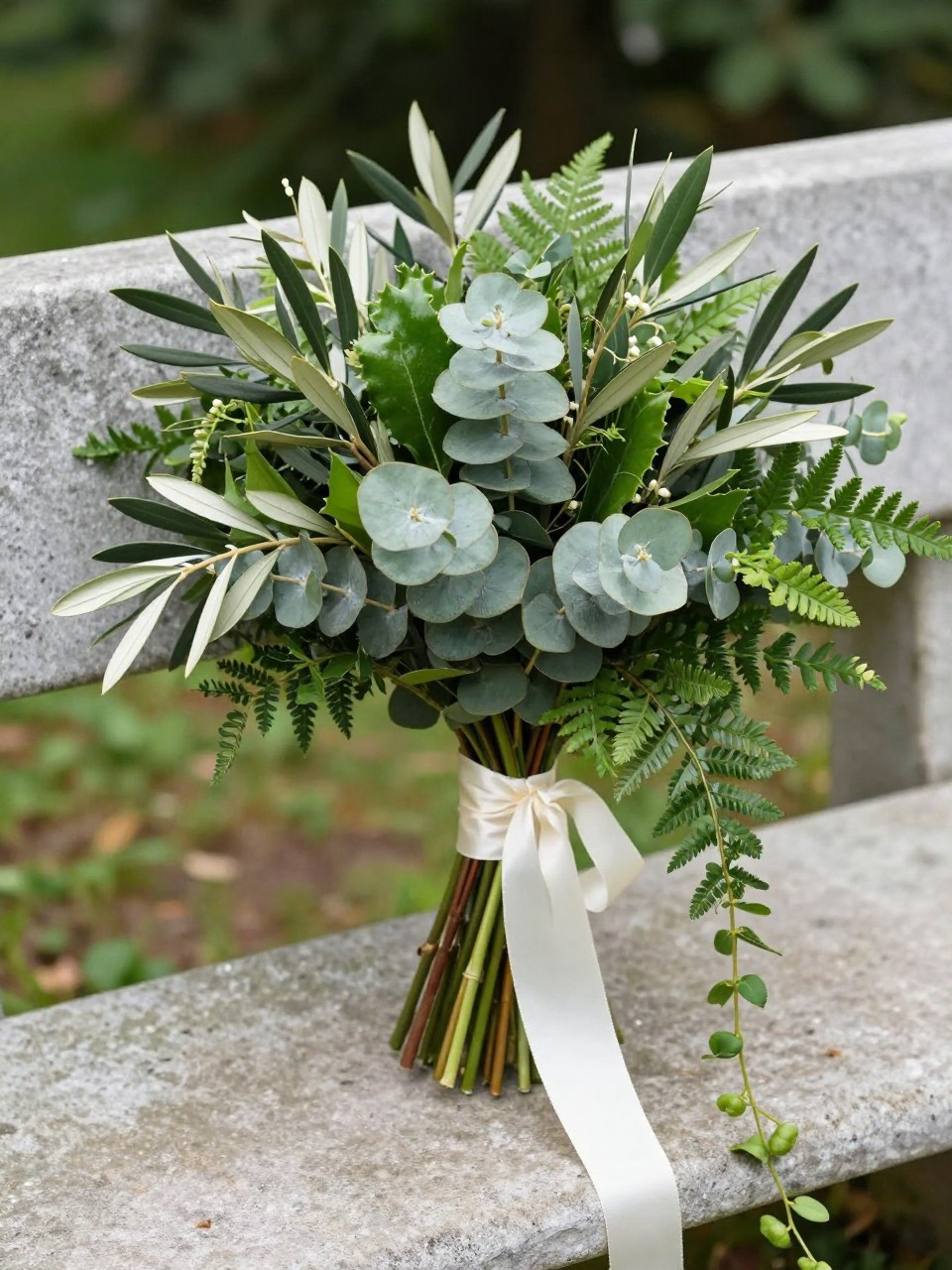 A lush greenery-only bridal bouquet with no flowers, made from eucalyptus, olive branches, fern leaves, ruscus, and trailing green vines, tied with ivory silk ribbon, placed on a stone bench in an outdoor garden wedding setting, no people, no faces, natural editorial photography, fresh green tones, realistic DSLR photo, no watermarks on images.