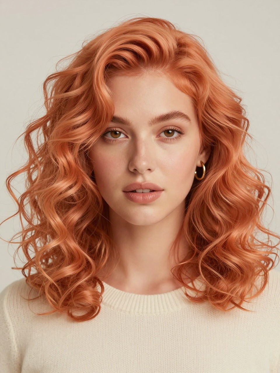 Image Prompt: A beautiful woman with shoulder-length peach copper curls, warm peach-orange copper hair color with soft shine, defined spiral curls with healthy volume, warm medium skin tone, natural glowing makeup, glossy nude lips, small gold hoops, cream knit top, clean neutral studio background, soft diffused lighting, close-up beauty editorial portrait, realistic DSLR photo, crisp curl texture and peach copper shine, no text, (no watermarks on images)