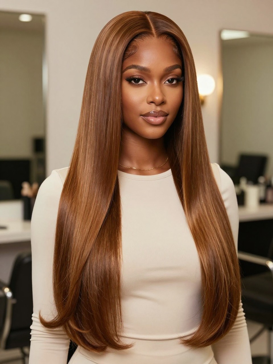 Image Prompt: A stunning Black woman with a long sleek silk press dyed golden brown, center part, smooth glossy straight hair with soft curled-under ends, warm deep brown skin, soft bronzed makeup, gold necklace, fitted cream top, clean luxury salon-inspired background, soft even lighting, waist-up editorial beauty photo, realistic DSLR quality, crisp shine and color detail, no text, (no watermarks on images)