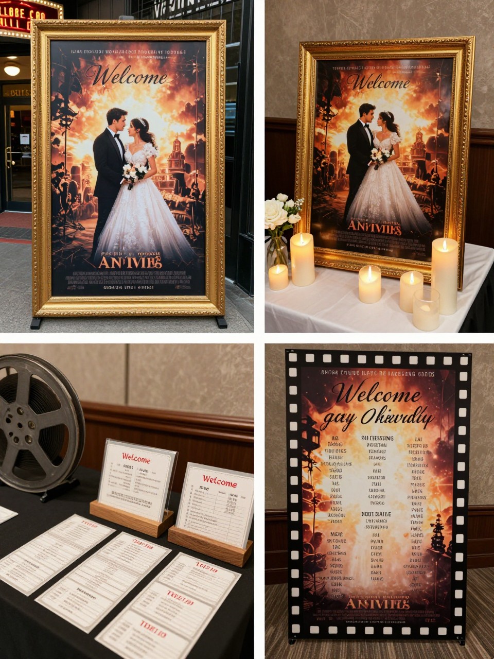 A professional 4-grid wedding decor collage showing a movie poster welcome display for a theater wedding, top-left image featuring custom wedding movie posters in gold frames near the theater entrance, top-right image showing close-up poster frame details with flowers and candles, bottom-left image showing a welcome table with ticket-style cards and film reel accents, bottom-right image showing a seating chart designed like a film poster wall, romantic cinema wedding decor, no people, no faces, no watermarks on images.