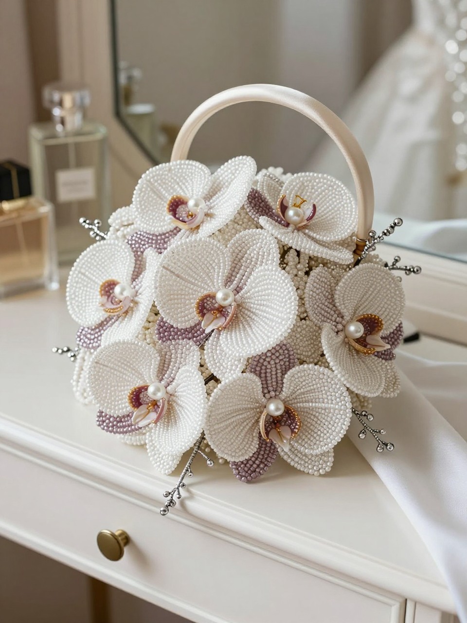 A refined beaded orchid bouquet made from white and soft mauve glass beads, orchid-shaped petals, pearl bead centers, silver wire stems, and a smooth ivory satin handle, styled on a luxury bridal vanity beside perfume and silk fabric, elegant wedding editorial photography, no faces, no people, realistic DSLR image, detailed handmade beadwork, no watermarks on images.