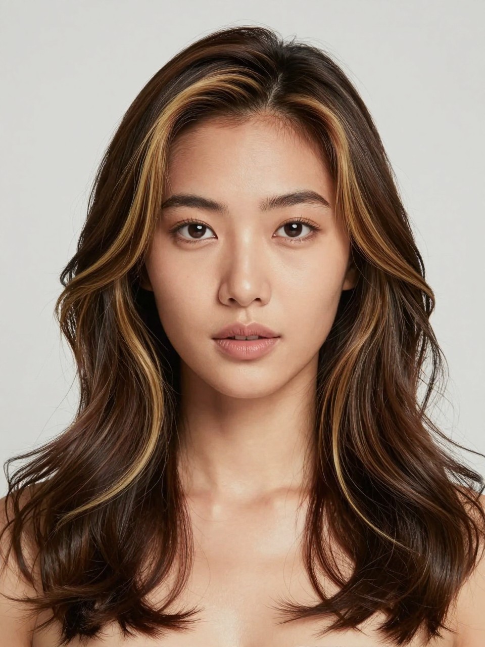 Image Prompt: A stylish Asian woman with tan skin and dark brunette wavy hair with golden brown money piece highlights, warm golden front sections framing the face, rich dark base, loose waves top, clean neutral studio background, close-up beauty portrait, realistic DSLR photo, clear face-framing golden brown color detail, no text, (no watermarks on images)