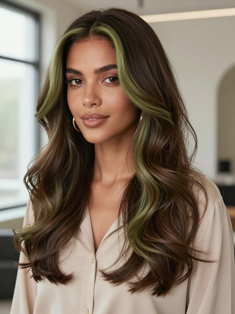 Image Prompt: A stylish black woman with long dark brown hair and matcha chocolate balayage, deep brunette roots with hand-painted muted matcha brown and olive-brown pieces through the mid-lengths and ends, soft loose waves, medium-deep skin tone, natural glam makeup, glossy nude lips, gold earrings, beige blouse, modern indoor background, soft window light, realistic beauty editorial portrait, smooth blended earthy brunette color placement, no text, (no watermarks on images)