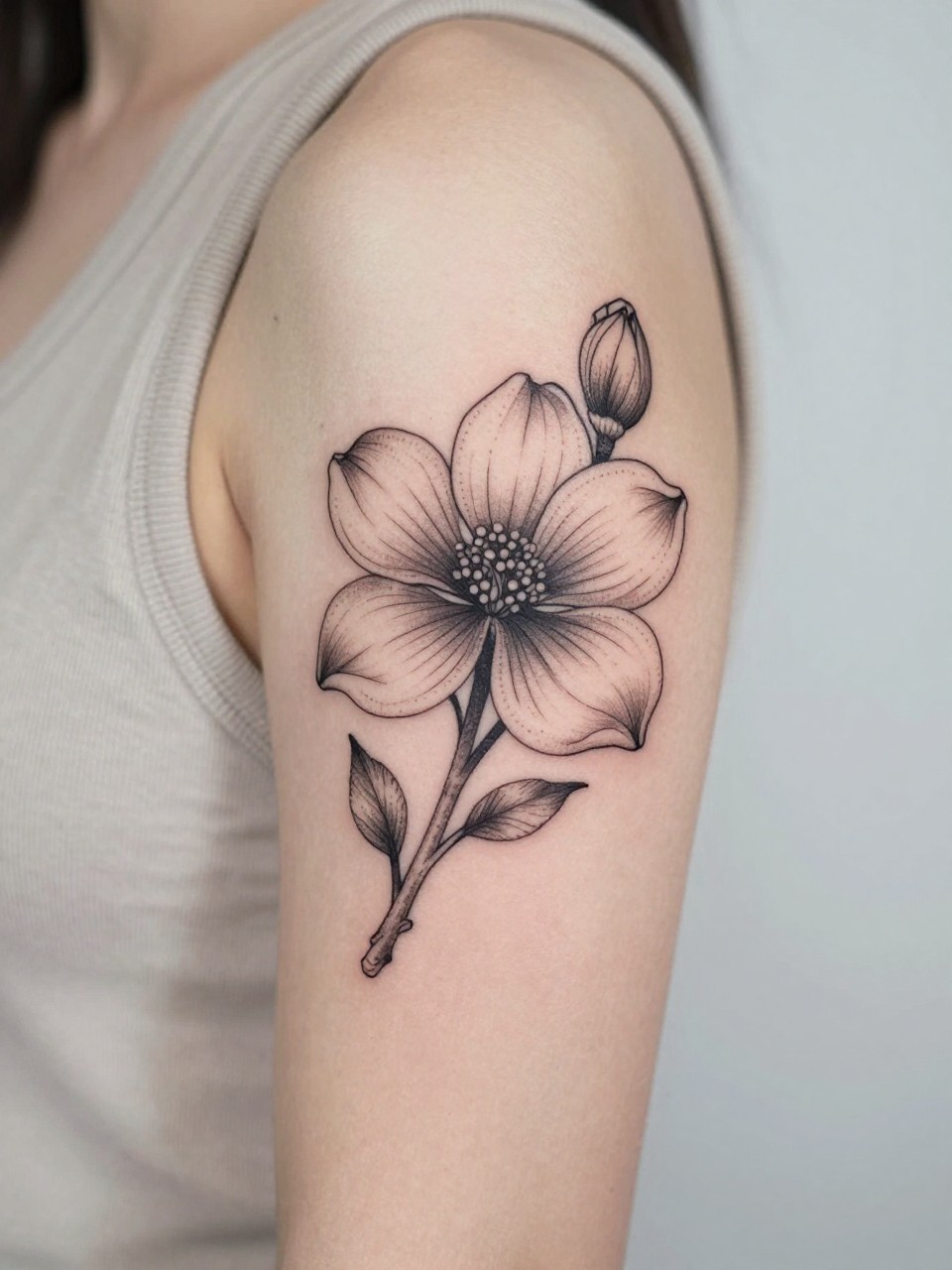 Image Prompt: "Extreme close-up of a dogwood flower tattoo with soft dotwork accents on the upper arm, black ink fine line floral design, rounded petals, subtle dotwork detail, light shading, realistic skin texture, sleeveless neutral top softly visible, feminine lifestyle-inspired tattoo image, minimal clean background, tattoo is the main focus (no watermarks on images)"