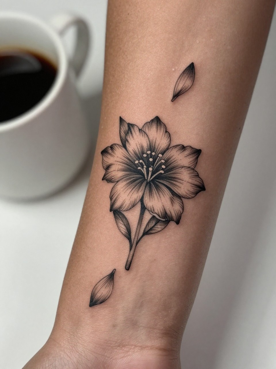 Image Prompt: "Extreme close-up of a sampaguita tattoo on dark skin with a few falling petals on the forearm, black ink fine line floral design, delicate petal movement, soft shading, realistic skin texture, coffee cup softly blurred nearby, modern feminine tattoo inspiration image, minimal background, tattoo-centered composition (no watermarks on images)"