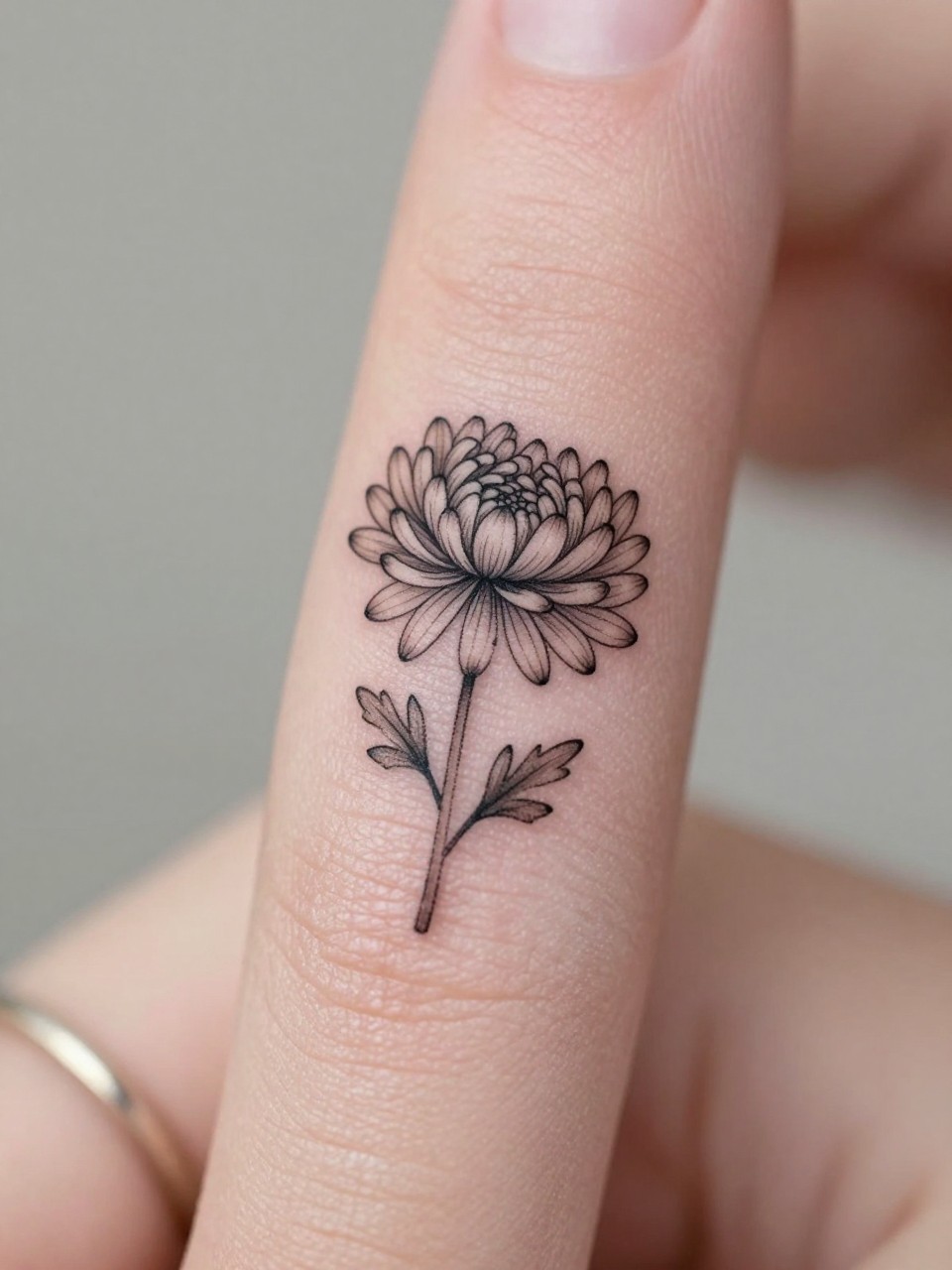 Image Prompt: "Macro shot of a micro chrysanthemum tattoo on the side of the finger, black ink fine line floral design, tiny stem and delicate layered petals, minimalist micro tattoo style, realistic skin texture, delicate rings, neutral manicure, very tight crop, soft blurred background, feminine tattoo inspiration photo with tattoo as the main focus (no watermarks on images)"