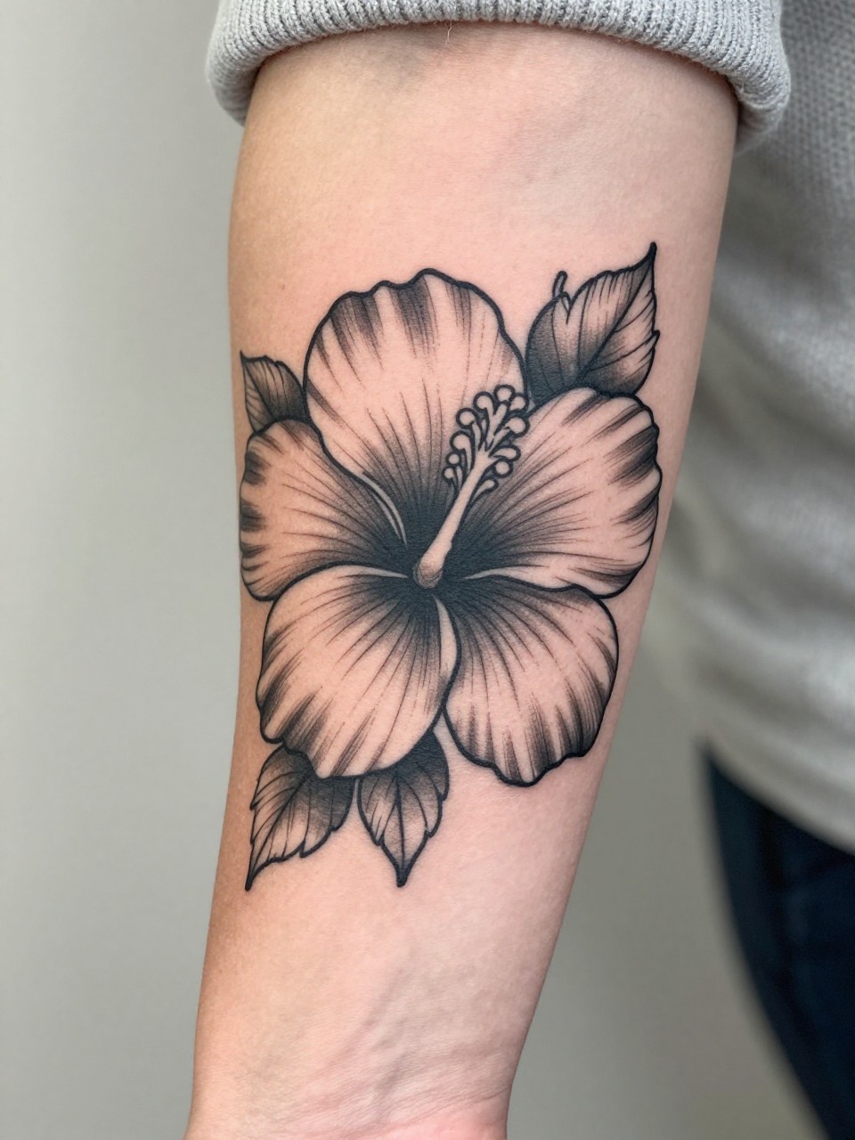 Image Prompt: "Extreme close-up of a bold hibiscus flower tattoo on the forearm, black ink floral design with wide open petals, strong outline work, soft grey shading, medium-size composition, realistic skin texture, neutral manicure, soft knit sleeve slightly visible, design-focused close-up, modern feminine tattoo inspiration photo, minimal soft background, tattoo is the clear main subject (no watermarks on images)"