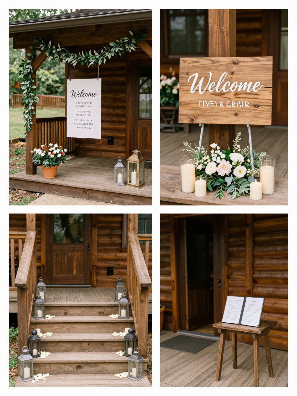 A professional 4-grid wedding decor collage showing a cabin porch wedding welcome display, top-left image featuring a wooden porch with a welcome sign, lanterns, potted flowers, and greenery garland, top-right image showing close-up wooden sign with floral and candle styling around the base, bottom-left image showing the porch steps lined with lanterns and petals, bottom-right image showing a small guest book table beside the cabin entrance, rustic outdoor wedding decor, soft natural light, no faces, no watermarks on images.