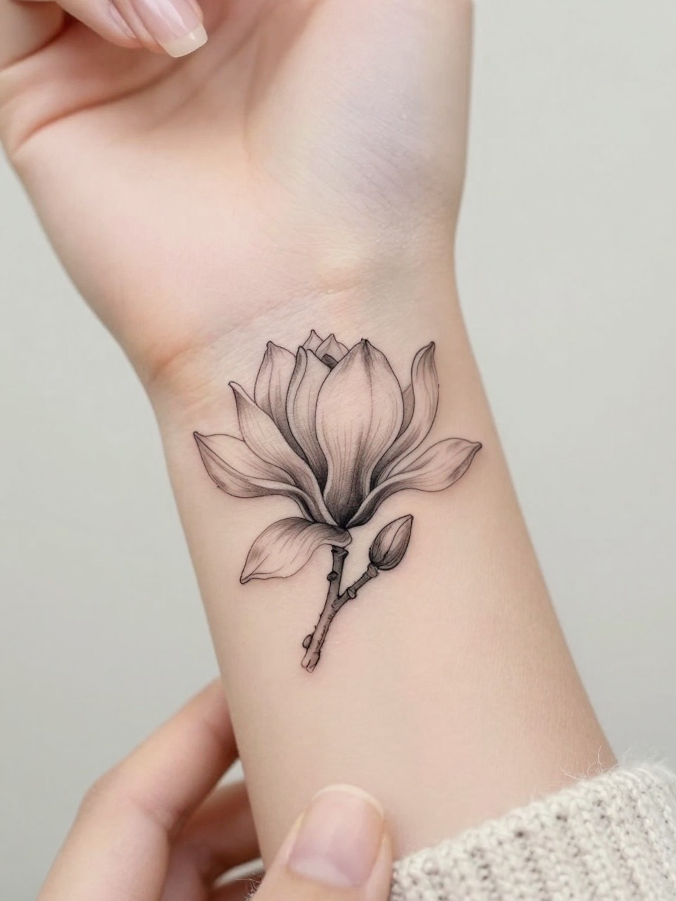 Image Prompt: "Extreme close-up of a fine line magnolia flower tattoo on the inner wrist, delicate black ink floral design with broad soft petals, subtle grey shading, minimalist feminine style, realistic skin texture, neutral manicure, soft knit sweater sleeve slightly visible, design-focused close-up, clean soft background, modern tattoo inspiration photo, tattoo is the clear main subject (no watermarks on images)"