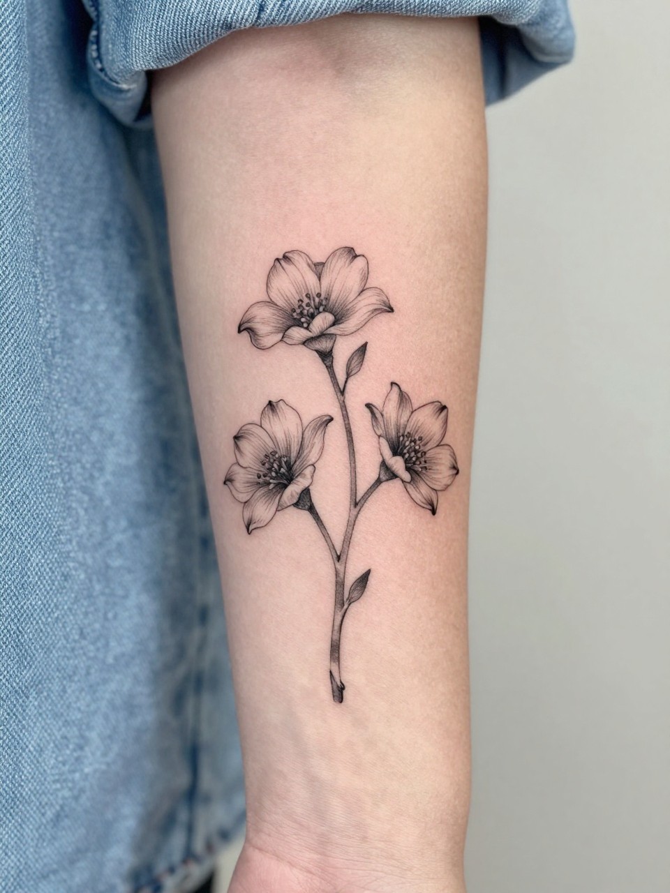 Image Prompt: "Close-up of a single dogwood stem tattoo on the forearm, black ink fine line floral design with delicate bloom, slender stem, soft grey shading, realistic skin texture, light denim sleeve softly blurred near the edge, design-first composition, feminine modern tattoo inspiration photo, minimal background (no watermarks on images)"