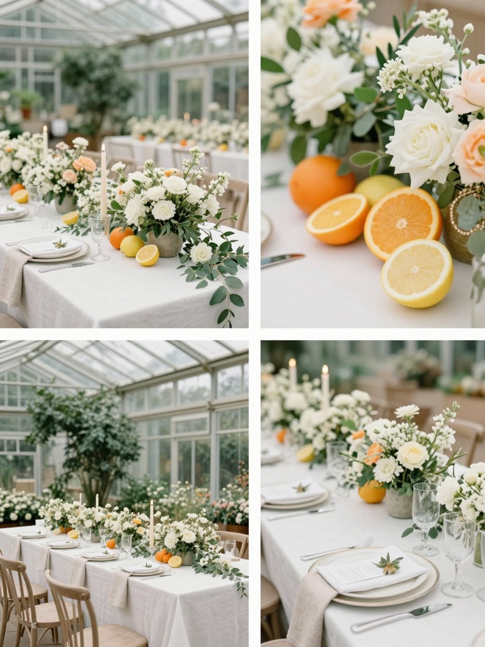 A professional 4-grid wedding decor collage showing citrus and floral table styling for a glass greenhouse wedding, top-left image featuring reception tables with white flowers, greenery, candles, and sliced lemons or oranges mixed into the centerpieces, top-right image showing close-up citrus details among soft blooms, bottom-left image showing the full greenhouse table design with a fresh garden feel, bottom-right image showing matching place settings with natural linen and floral accents, bright elegant wedding decor, no people, no faces, no watermarks on images.