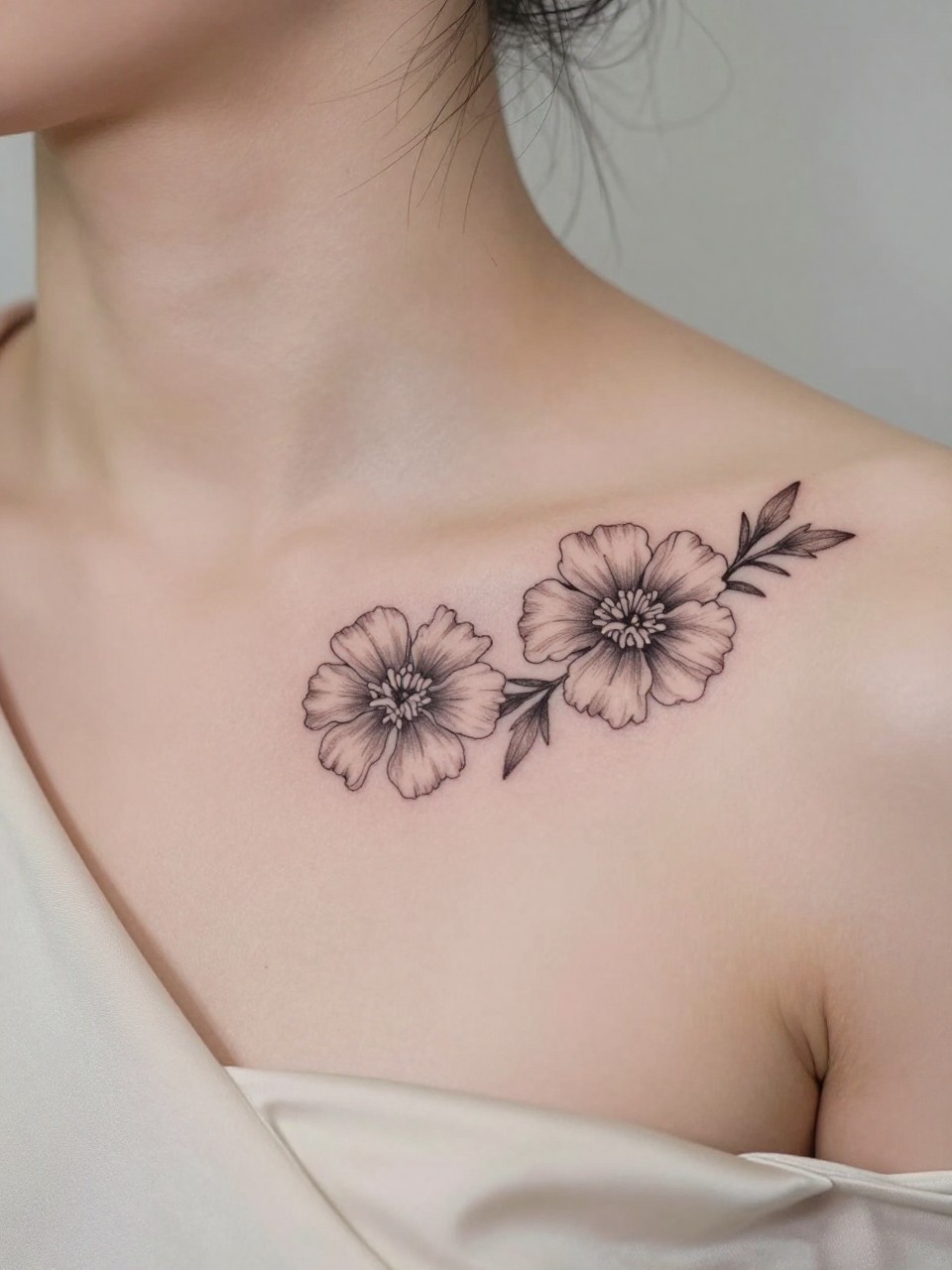 Close-up of two tiny marigold tattoos along the collarbone, black ink fine line floral design with soft layered petals and light shading, realistic skin texture, silk blouse neckline barely visible, feminine clean composition, close-up tattoo visibility, soft minimal background, tattoo is the clear main subject (no watermarks on images)