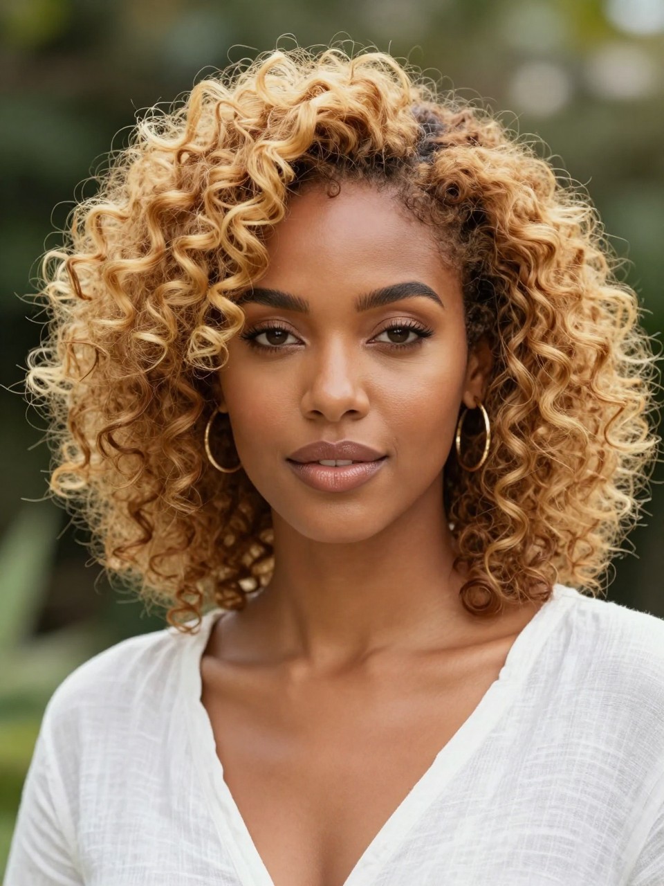 Image Prompt: A beautiful Black woman with shoulder-length natural curls dyed honey blonde, soft golden blonde tone with warm brown roots, defined spiral curls with shine and volume, warm medium-brown skin, glowy summer makeup, glossy nude lips, small gold hoop earrings, white linen top, bright outdoor daylight, softly blurred garden background, realistic DSLR beauty editorial portrait, detailed curl texture, no text, (no watermarks on images)