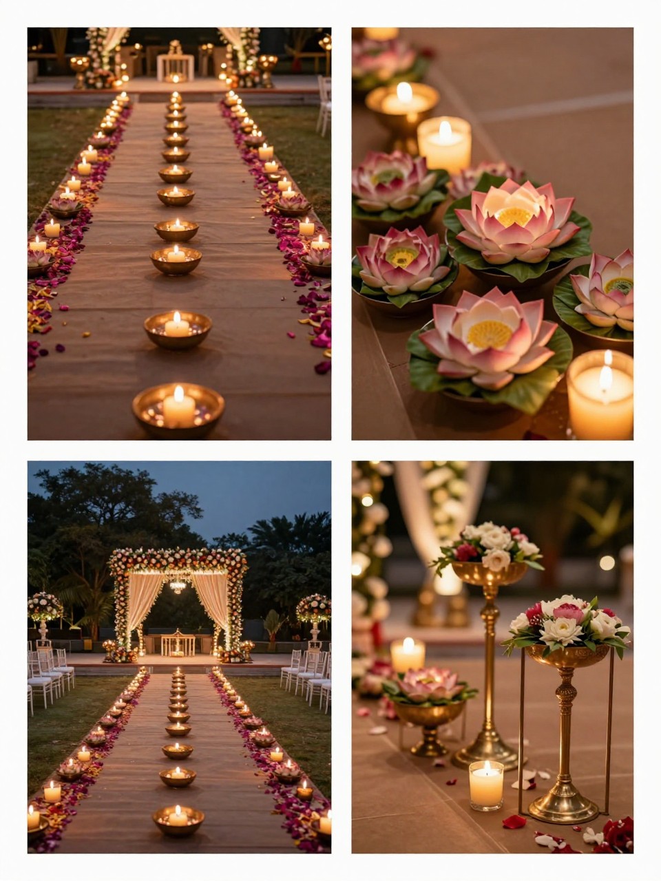 A professional 4-grid wedding decor collage showing a royal Indian wedding walkway with lotus and candle decor, top-left image featuring a long pathway lined with lotus bowls, floating candles, and petals, top-right image showing close-up lotus arrangements with warm candlelight, bottom-left image showing the walkway leading toward a mandap or reception area, bottom-right image showing side decor details with brass stands and floral accents, elegant Indian wedding ambiance, evening light, no faces, no watermarks on images.
