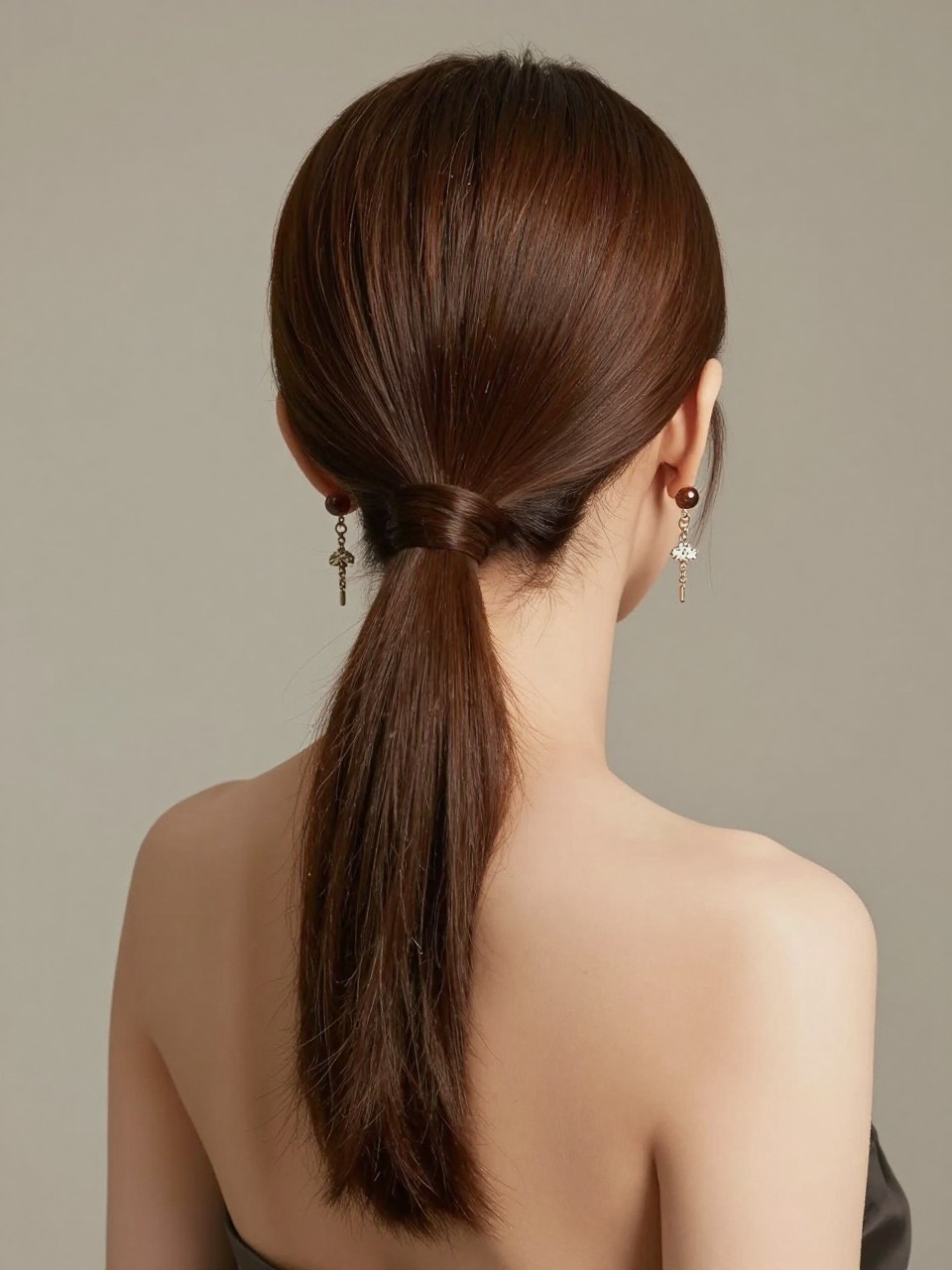 A photorealistic editorial hairstyle image showing a brown woman in smooth low ponytail with soft volume at the crown, center part, glossy brown hair, matching earring chains on both sides connecting the earrings to small decorative clips near the base of the hairline, elegant makeup, modern evening dress, neutral background, no text, no watermark, no watermarks on images.