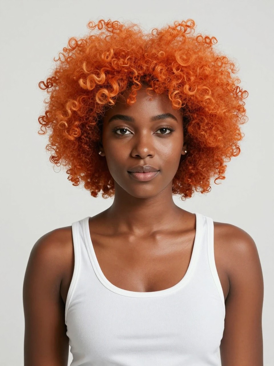 Image Prompt: A confident Black woman with a full rounded afro dyed bright ginger orange, dense textured coils with soft pick-out volume, rich deep brown skin, fresh glowing complexion, minimal clean makeup, white fitted tank top, simple stud earrings, modern plain studio backdrop, bright but soft lighting, front-facing portrait, beauty editorial style, realistic DSLR image, crisp hair texture, bold fashionable feel, no text, (no watermarks on images)