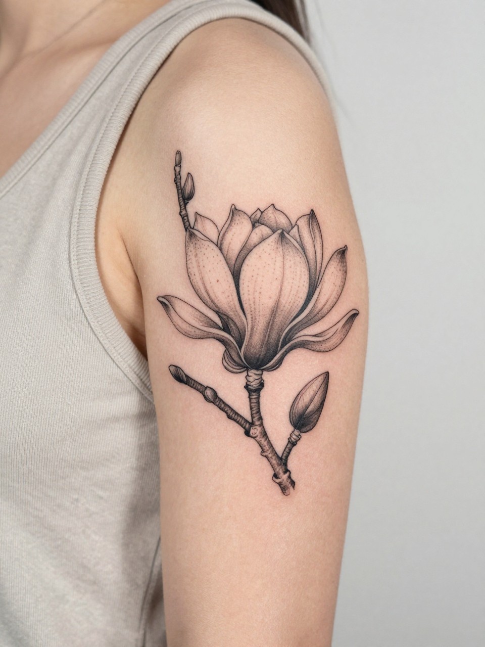 Image Prompt: "Extreme close-up of a magnolia flower tattoo with soft dotwork accents on the upper arm, black ink fine line floral design, broad petals, subtle dotwork detail, light shading, realistic skin texture, sleeveless neutral top softly visible, feminine lifestyle-inspired tattoo image, minimal clean background, tattoo is the main focus (no watermarks on images)"
