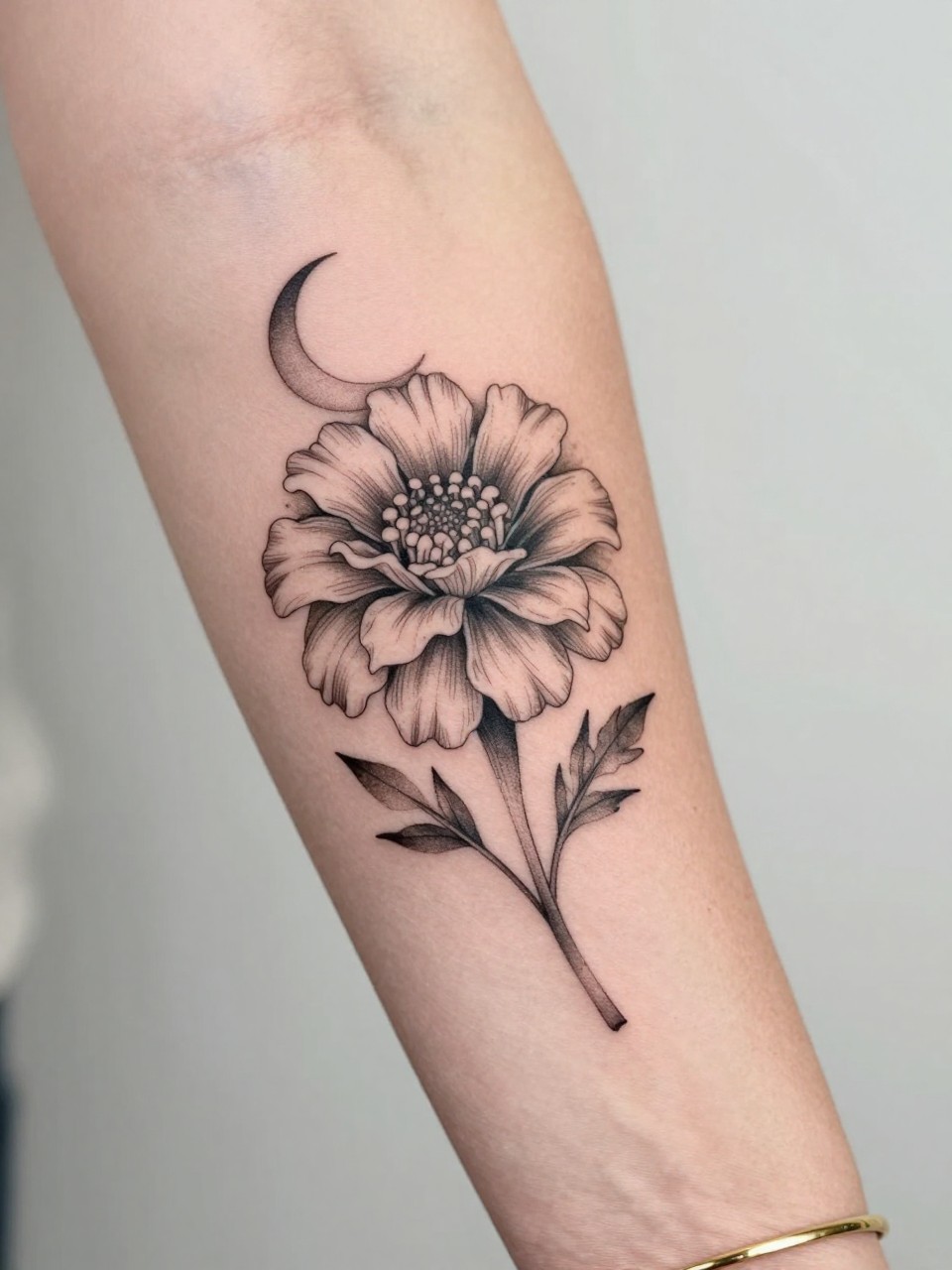 Design-focused close-up of a marigold tattoo with a tiny crescent moon on the inner arm, black ink fine line floral design, layered petals, soft shading, delicate celestial accent, realistic skin texture, gold bracelet lightly visible, feminine modern tattoo inspiration photo, clean soft background, tattoo is the hero (no watermarks on images)