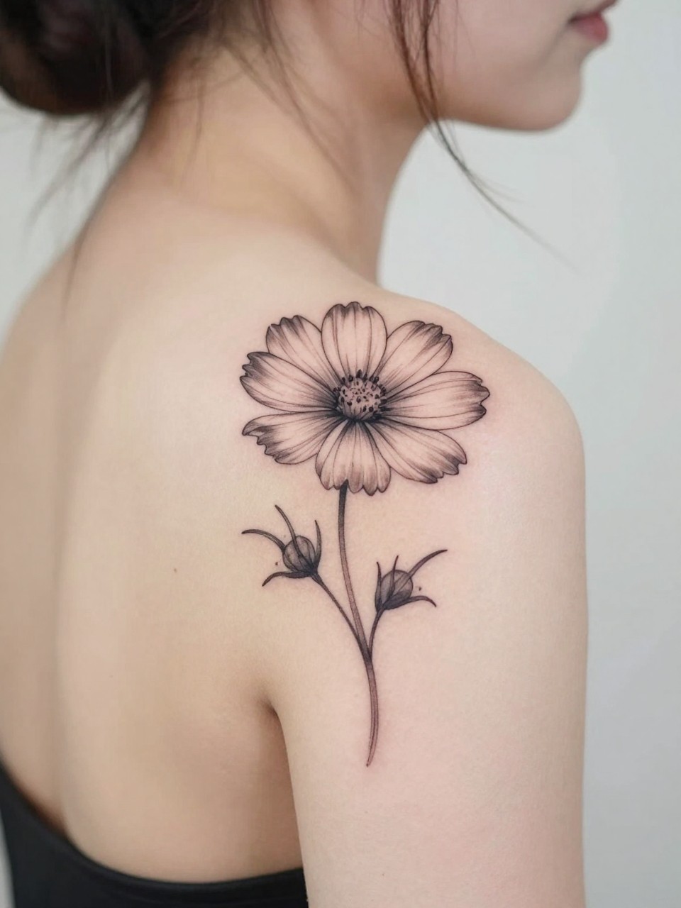 Design-focused close-up of a blooming cosmos tattoo on the shoulder blade, black ink fine line floral style with soft grey shading, elegant stem and open petals, realistic skin texture, hair loosely pinned up, clean feminine styling, soft minimal background, tattoo fills most of the frame (no watermarks on images)