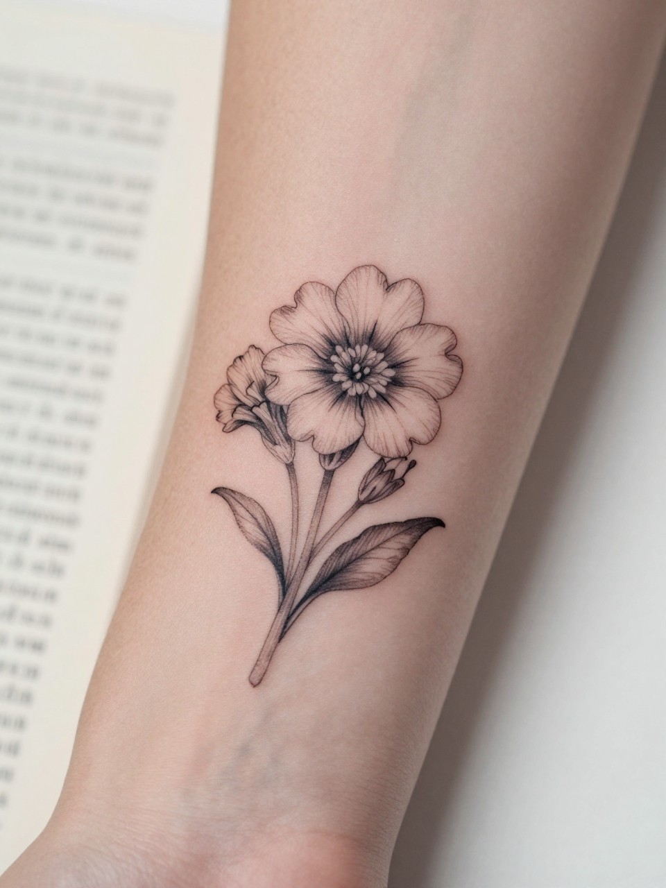 Image Prompt: "Extreme close-up of a primrose flower tattoo with tiny handwritten name script on the inner forearm, black ink fine line floral design, delicate petals, soft shading, elegant cursive detail, realistic skin texture, book page underneath the arm, feminine soft lifestyle context, clean background, tattoo-centered inspiration photo (no watermarks on images)"