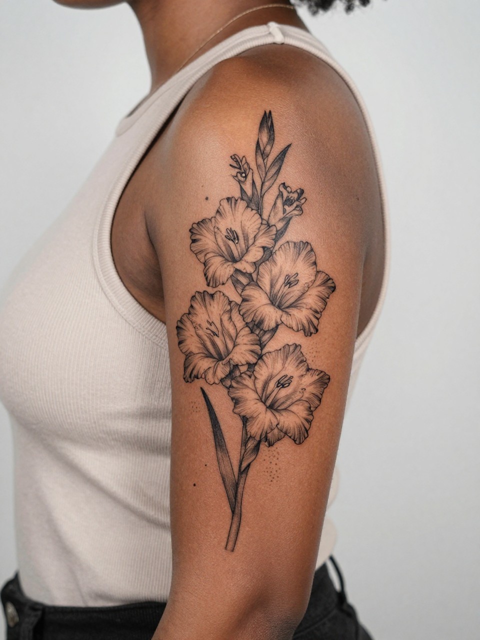 Image Prompt: "Close-up of a gladiolus tattoo with soft dotwork accents on the upper arm of a black woman, black ink fine line floral design, stacked blooms, subtle shading, delicate dotwork detail, realistic skin texture, sleeveless neutral top softly visible, feminine lifestyle-inspired tattoo image, minimal clean background, tattoo is the main focus (no watermarks on images)"