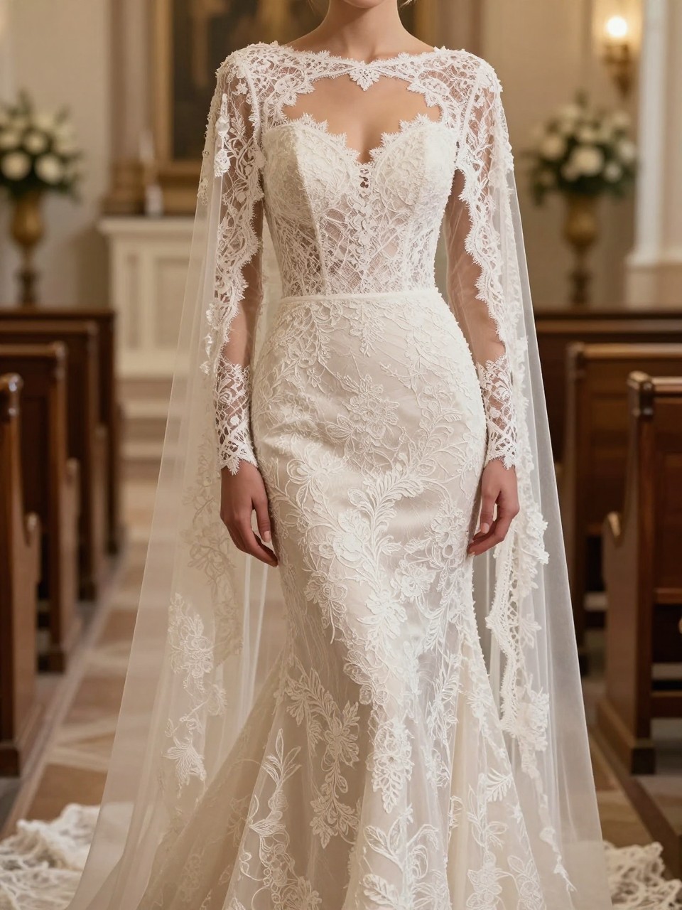 Image Prompt: A luxury bridal editorial image of a lace wedding dress with a delicate lace cape and long sleeves, set in a softly lit church aisle or romantic bridal suite. Show the bride cropped from the neck down or from behind with the face fully hidden. The gown features fine floral lace, a fitted bodice, elegant long sleeves, and a lace cape falling softly from the shoulders into a light train effect. Use warm natural light, realistic lace texture, refined bridal styling, premium wedding magazine quality, no visible face, no text, no watermark. (no watermarks on images)