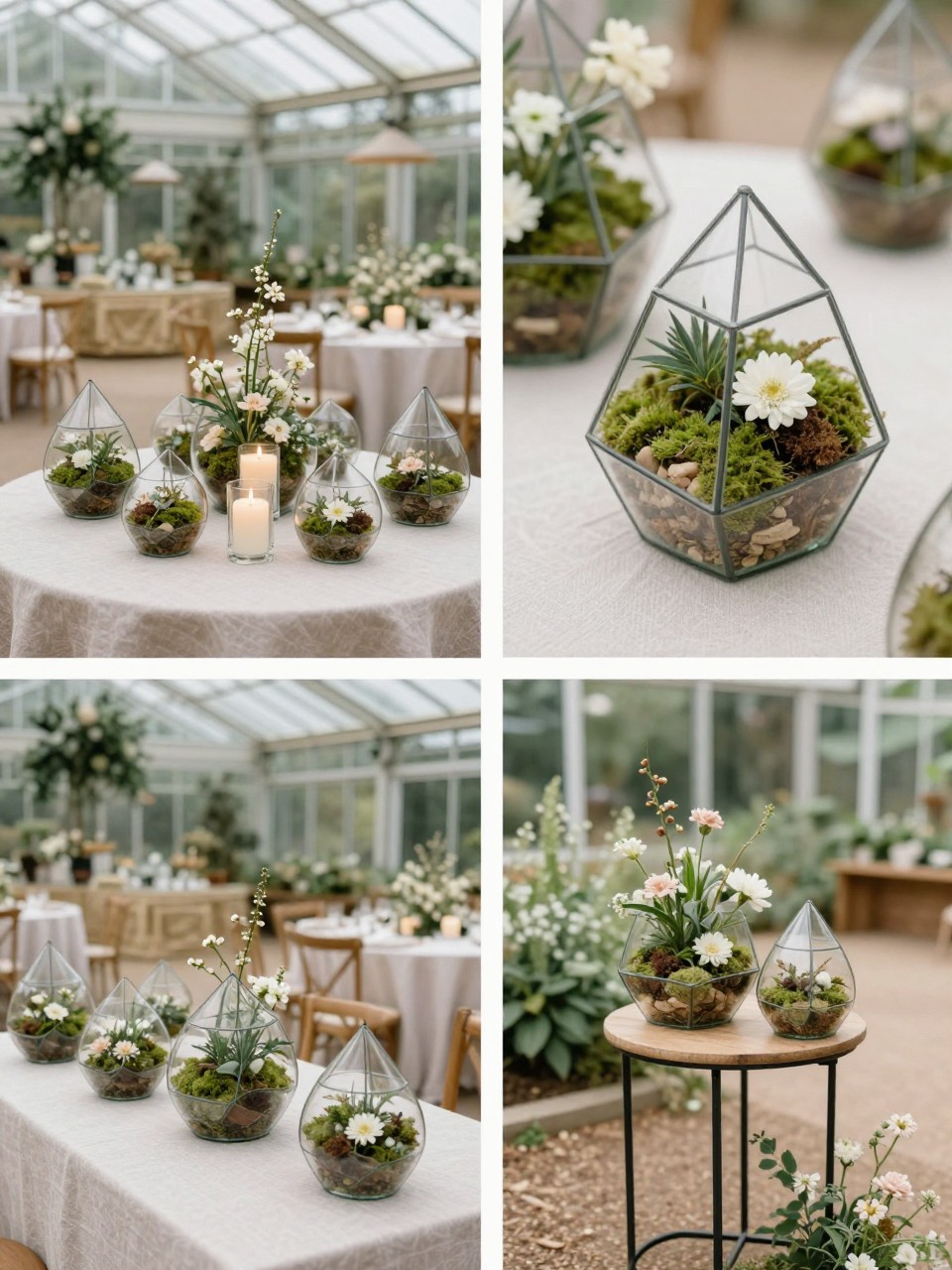 A professional 4-grid wedding decor collage showing terrarium centerpieces for a glass greenhouse wedding, top-left image featuring reception tables with glass terrariums filled with moss, candles, and delicate flowers, top-right image showing close-up geometric terrarium centerpiece details, bottom-left image showing multiple tables with matching terrariums and soft linens, bottom-right image showing a small side table with terrarium decor and flowers, elegant botanical wedding decor, natural light, no people, no faces, no watermarks on images.