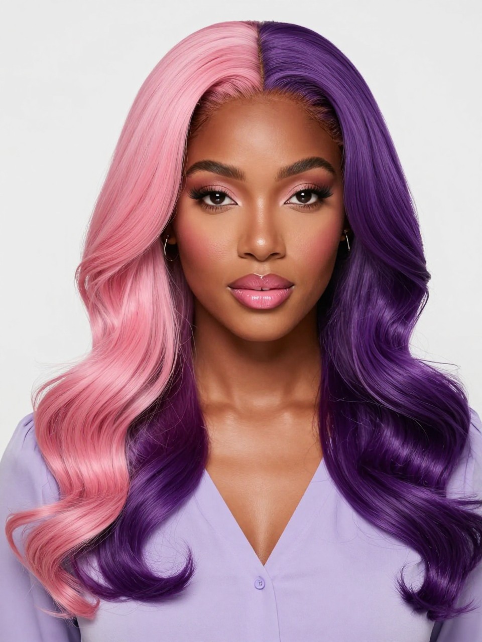 Image Prompt: A pretty BLACK woman with long two tone split hair, one side rosy pink and the other side rich purple, center part, soft curled waves, medium skin tone, fresh rosy makeup, glossy pink lips, delicate earrings, lavender blouse, bright studio background, soft even lighting, realistic DSLR beauty editorial portrait, detailed fashion color contrast and glossy wave texture, no text, (no watermarks on images)